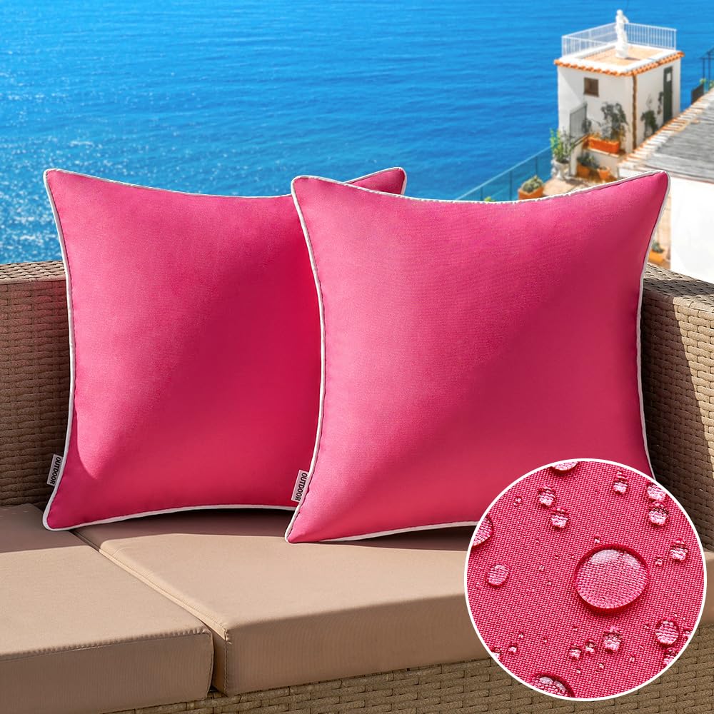 MIULEE outdoor pillow cover hot pink 20x20 on patio with waterproof protection.