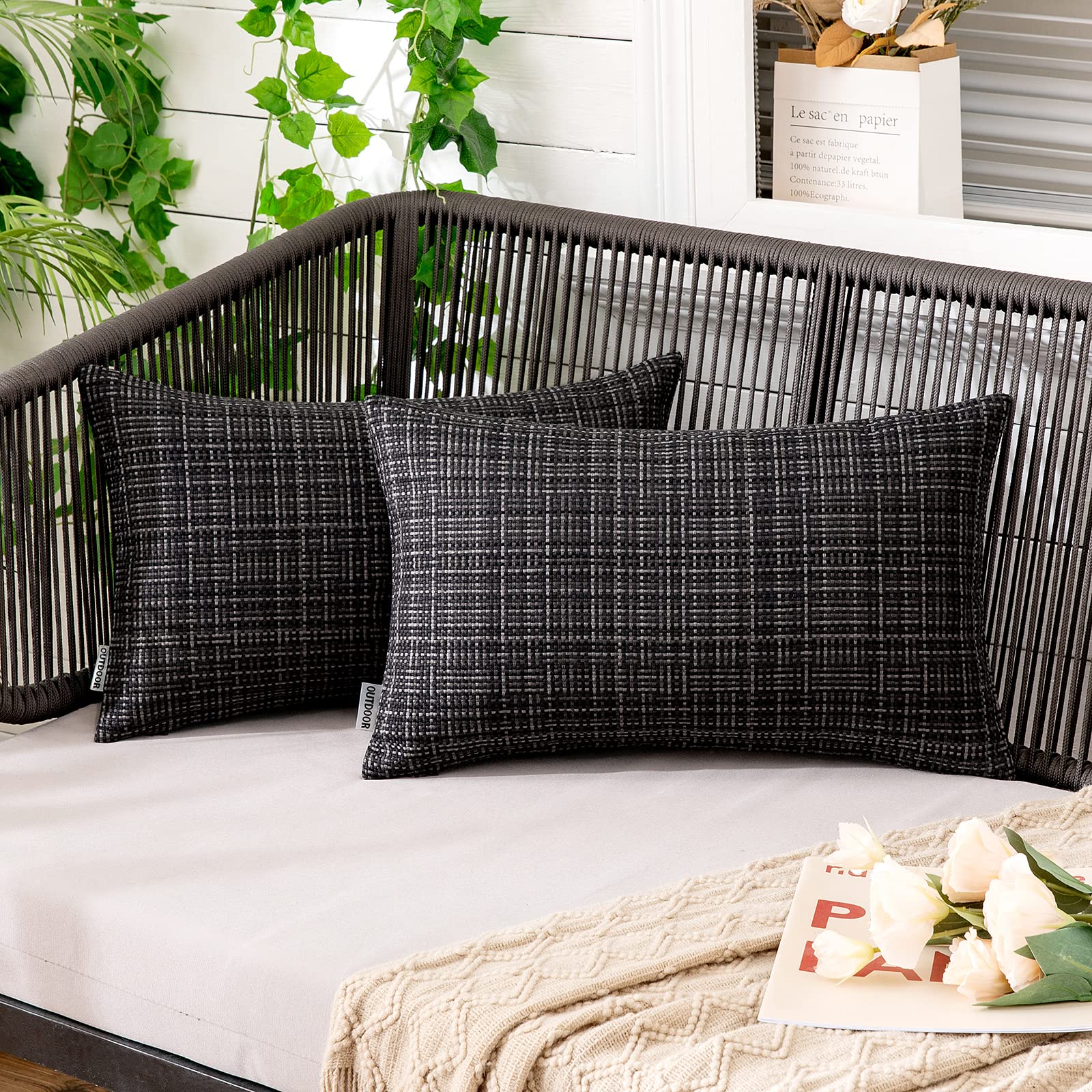 MIULEE outdoor pillow cover in black with water-resistant PU coating for outdoor use