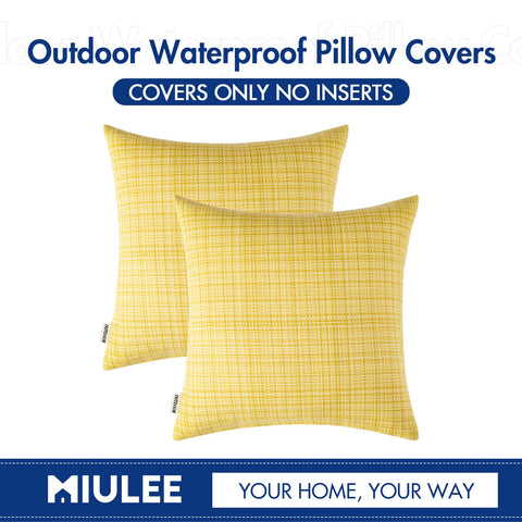 MIULEE yellow pillow cover care instructions indicating machine washing and drying.