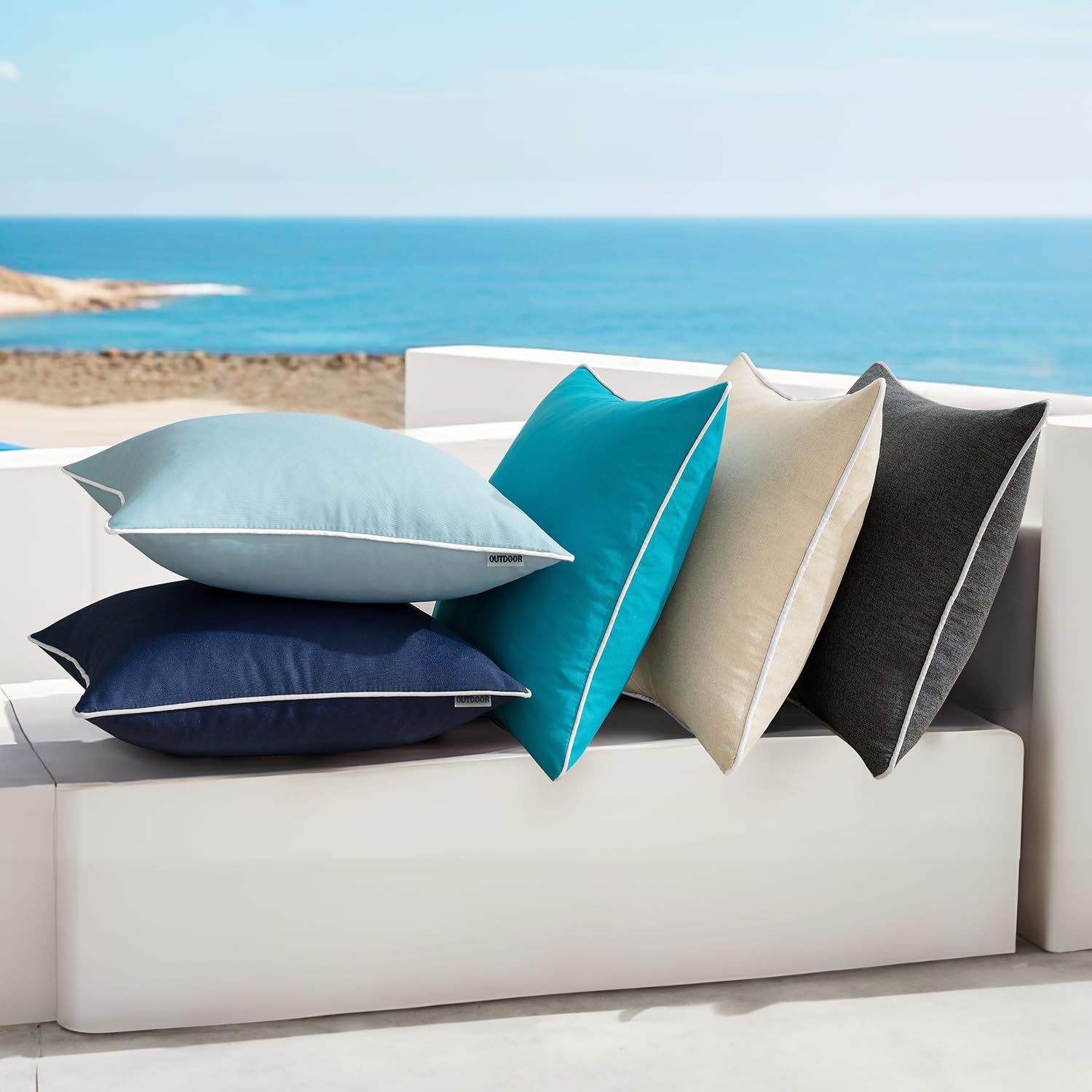 MIULEE blue canvas pillow cover shown in a tent interior setup.