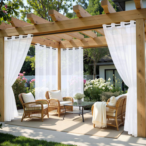 MIULEE white outdoor curtain panel with grommet top enhances patio setup.