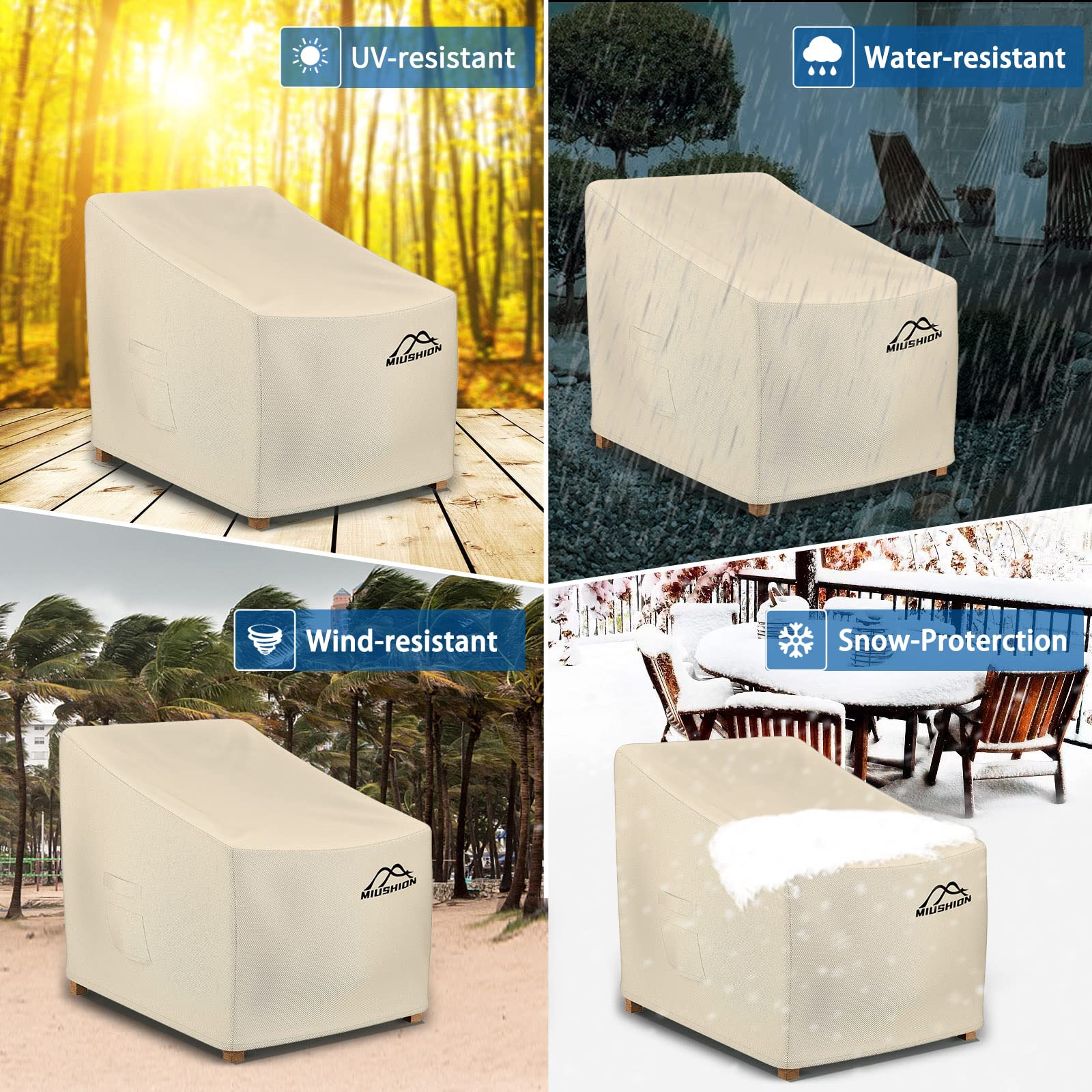 Miushion beige finish adds a refined look to outdoor chairs.
