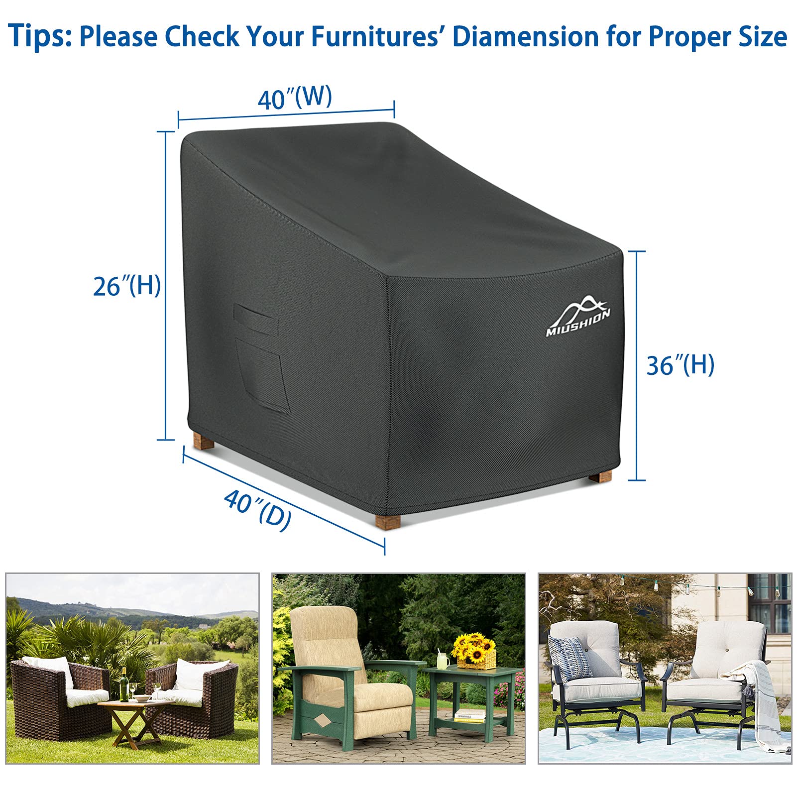 Miushion chair cover with adjustable buckles secures the cover on windy days.
