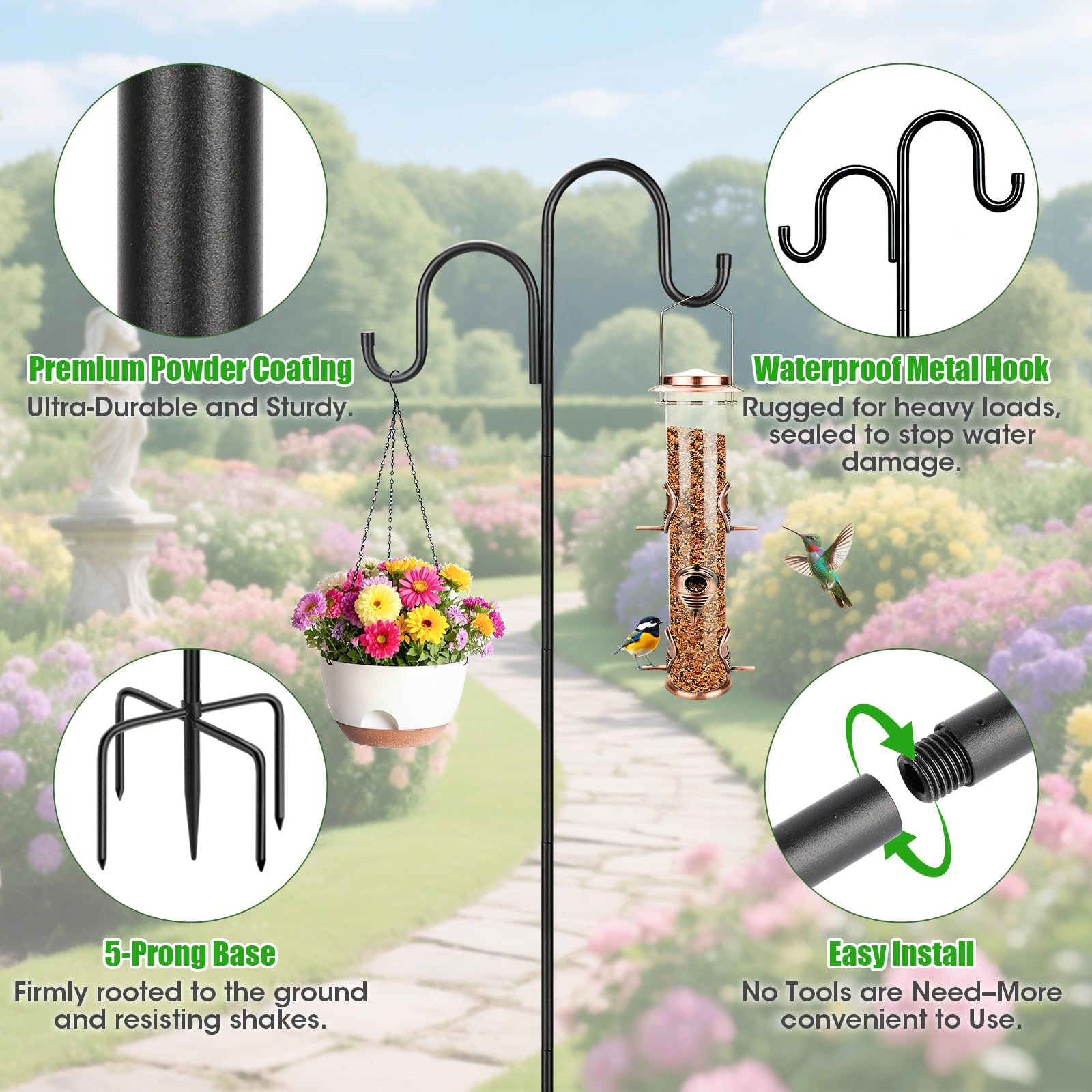 MIUVIBENI heavy-duty bird feeder pole keeps feeders securely in place year-round.