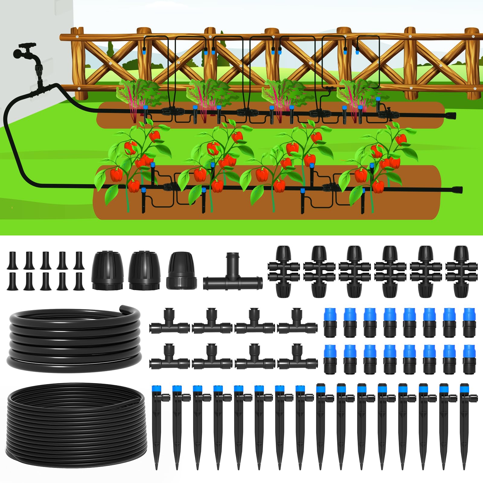 MIXC 247ft drip irrigation kit setup provides efficient lawn and bed watering.