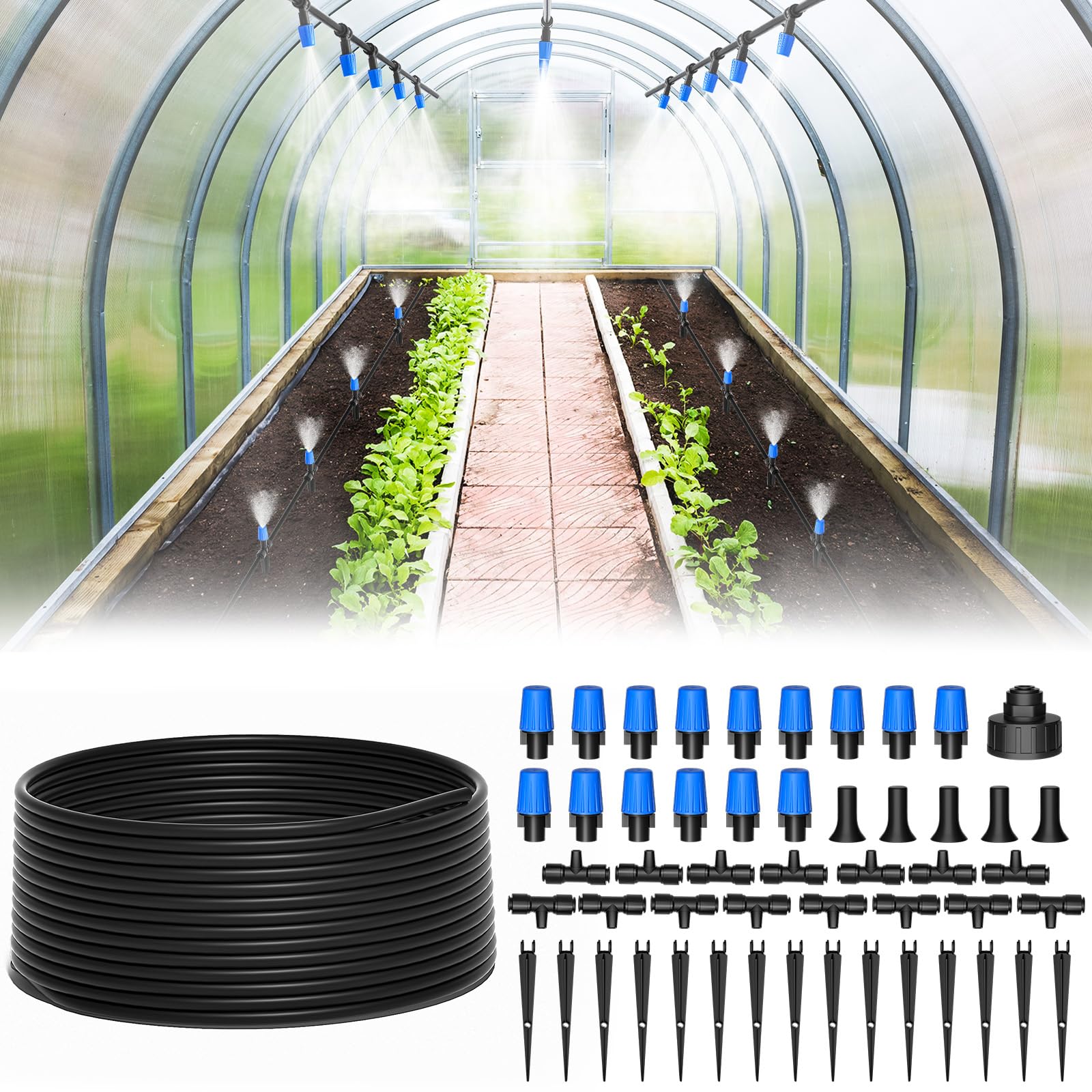 MIXC 65FT greenhouse watering system with quick-connect in action for easy setup