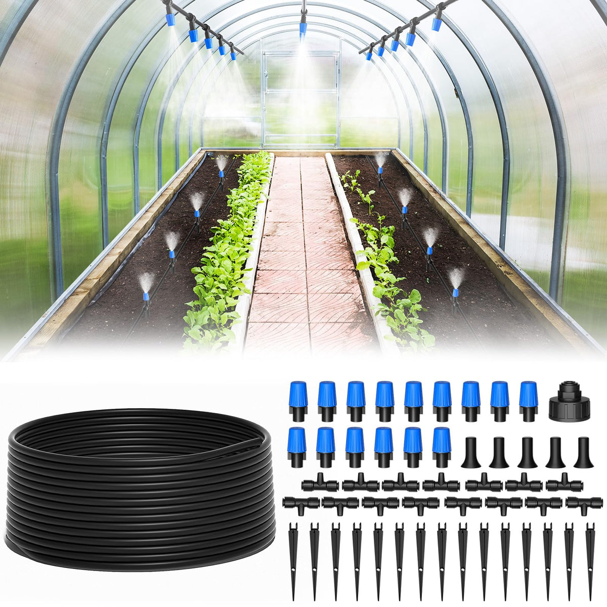 MIXC 65FT greenhouse watering system with quick-connect in action for easy setup