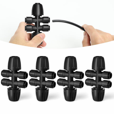 MIXC barbed tee quick connector splits 1/2 inch mainline into four 1/4 inch tubes for efficient watering.