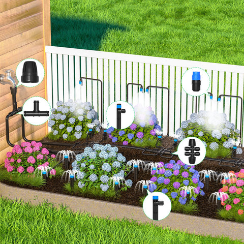 MIXC blue mist nozzle cools patios and greenhouse areas.