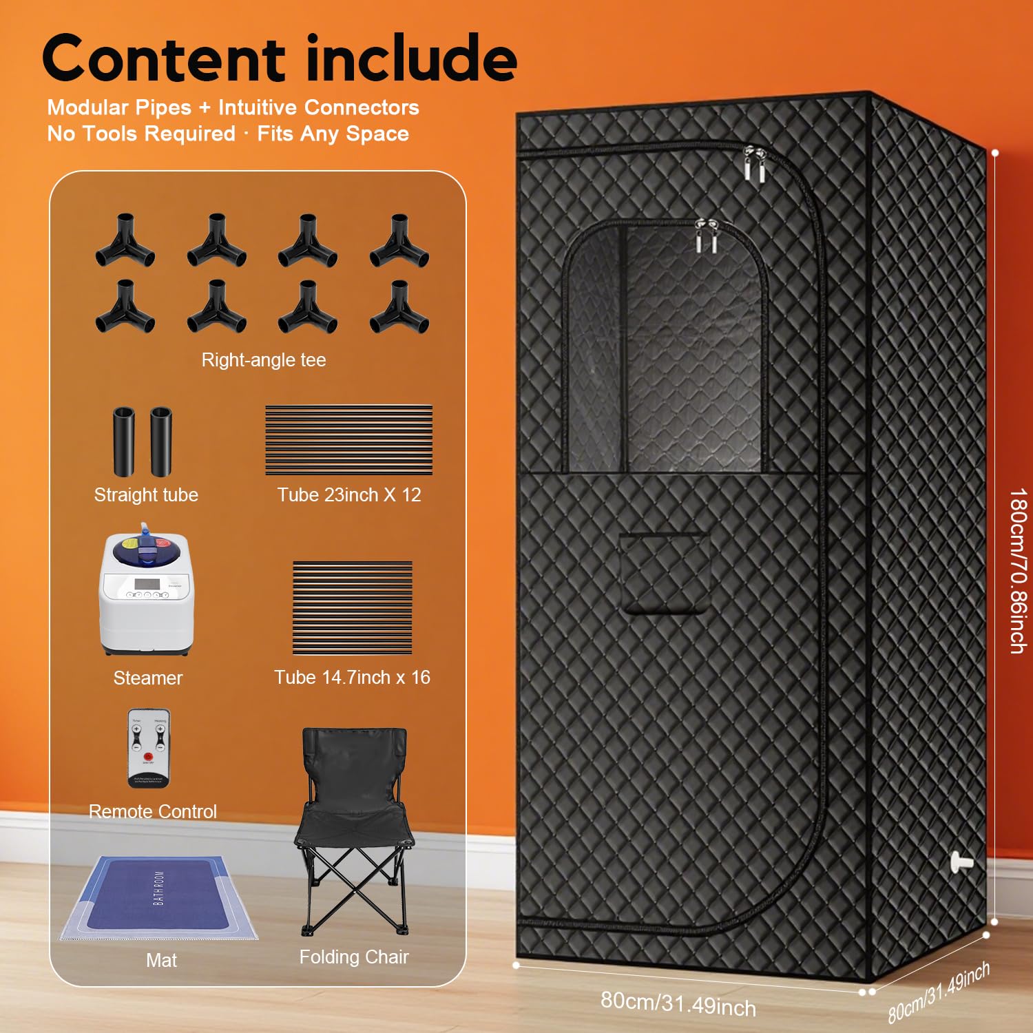 MIXC Complete sauna kit includes tent, steamer, chair, and remote.