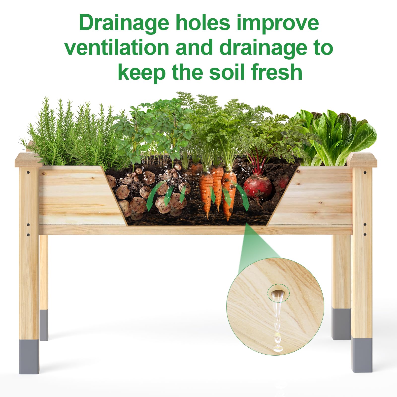Mixc drainage holes and liner enable moisture control and soil protection.
