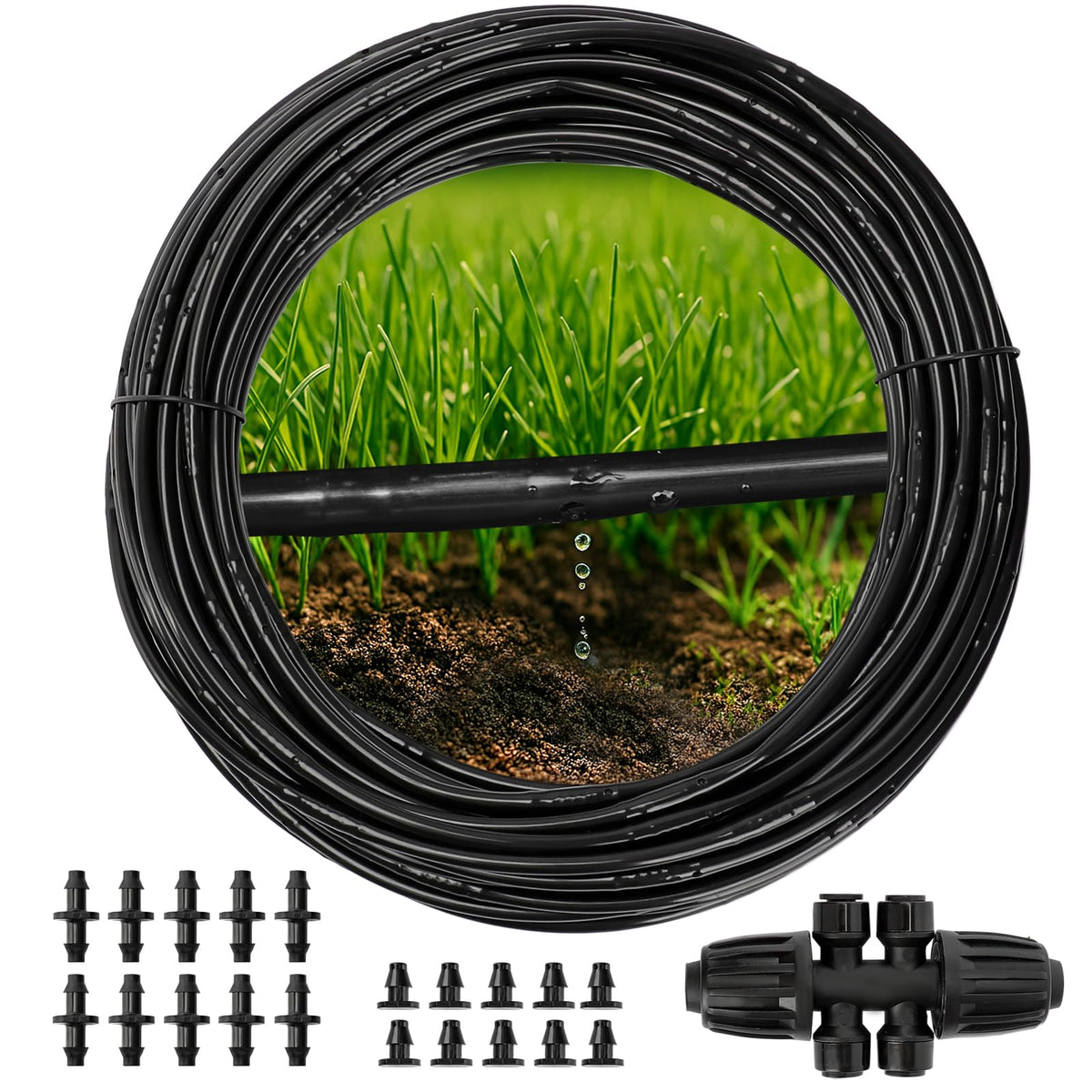 MIXC dripline with built-in emitters provides quick, uniform watering for garden beds.