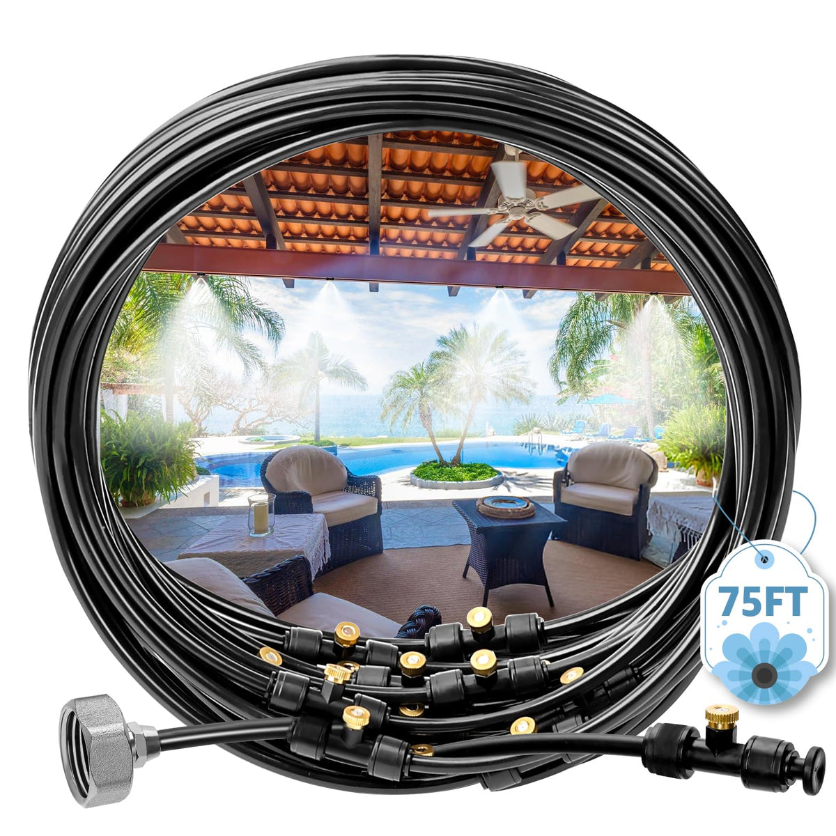 MIXC misters 75ft misting line for outdoor patios delivers broad cooling for hot days.
