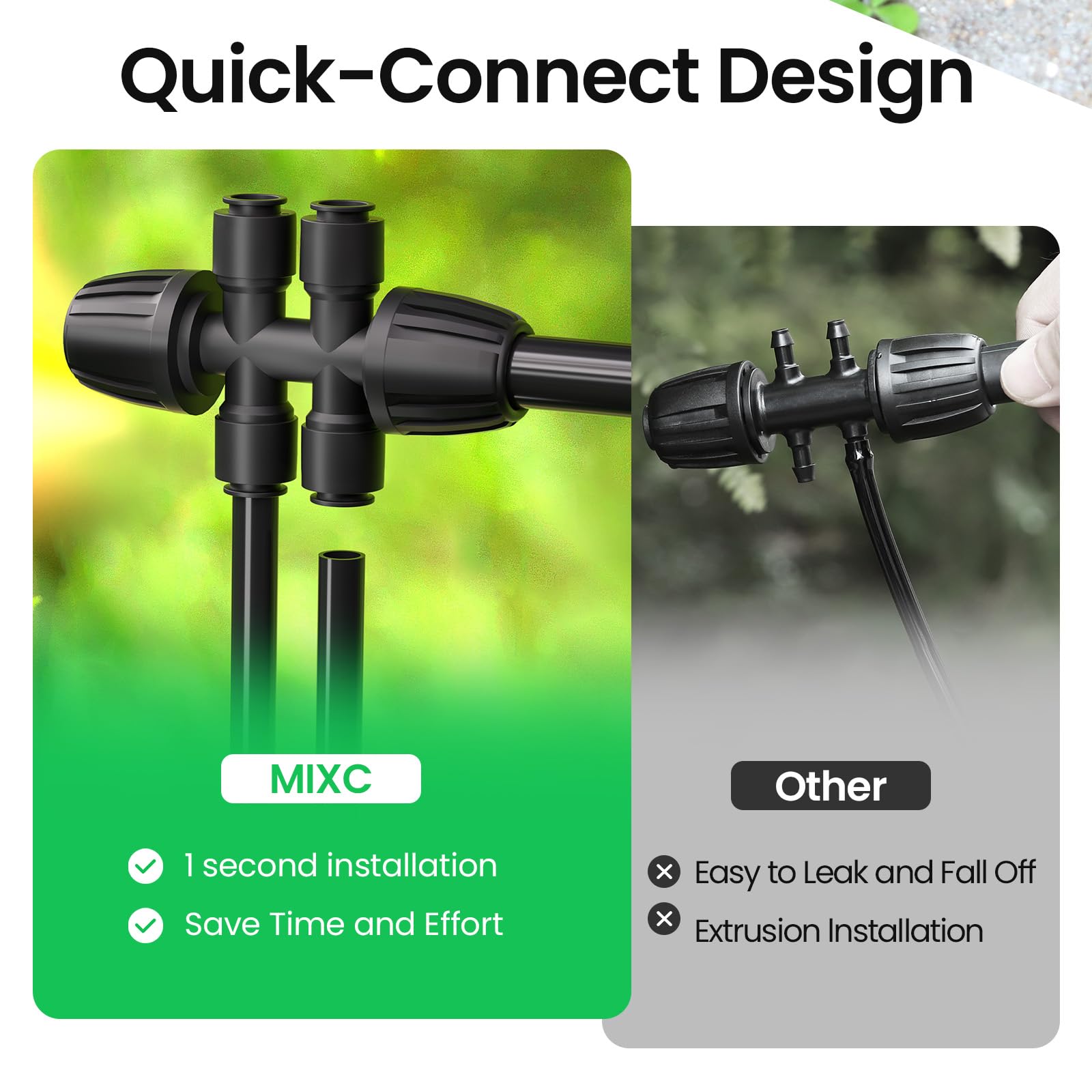 MIXC quick-connect barbed tee installed under pressure in a garden setup.