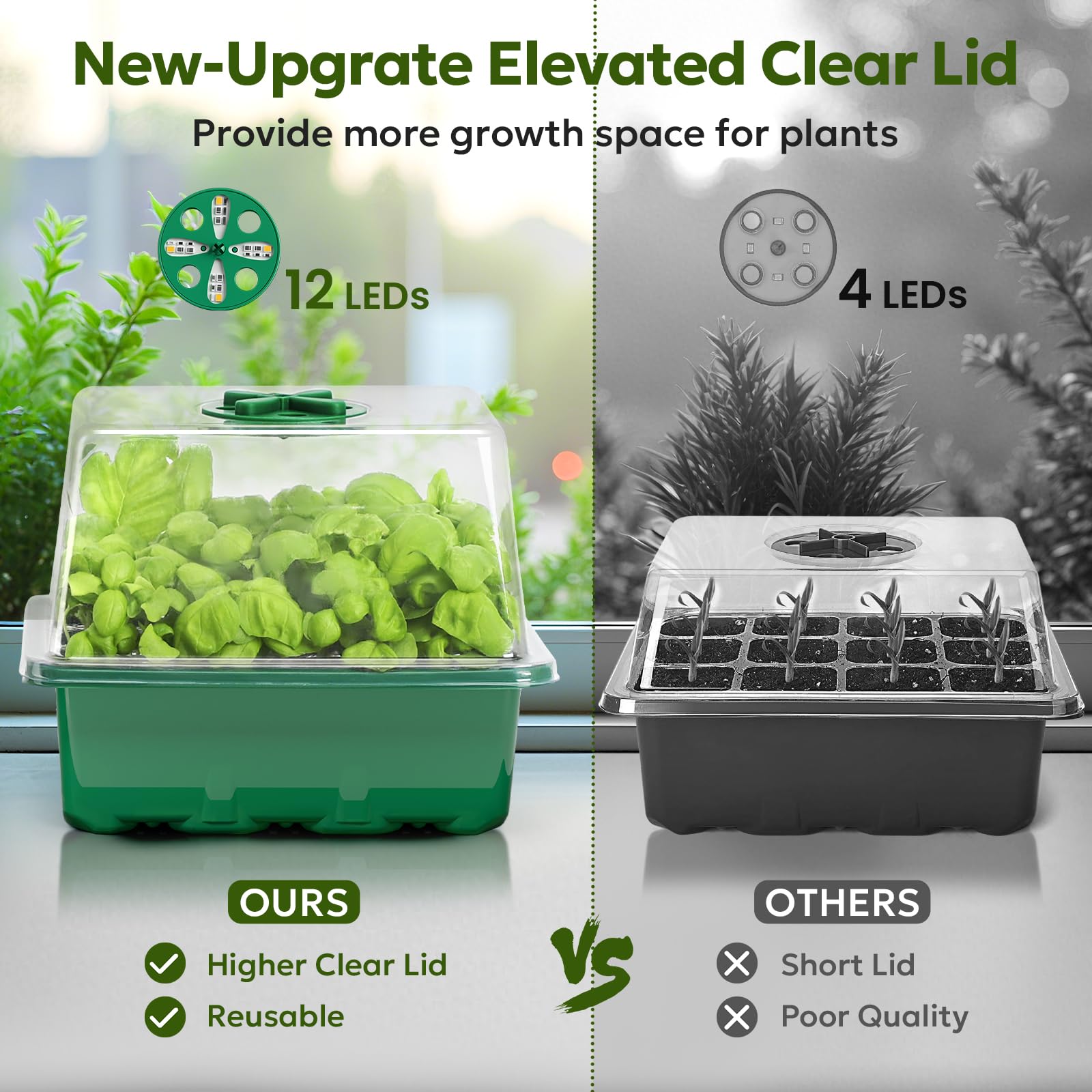 MIXC Seed Starter Kit side-grip base tray enables easy lifting and transplanting.