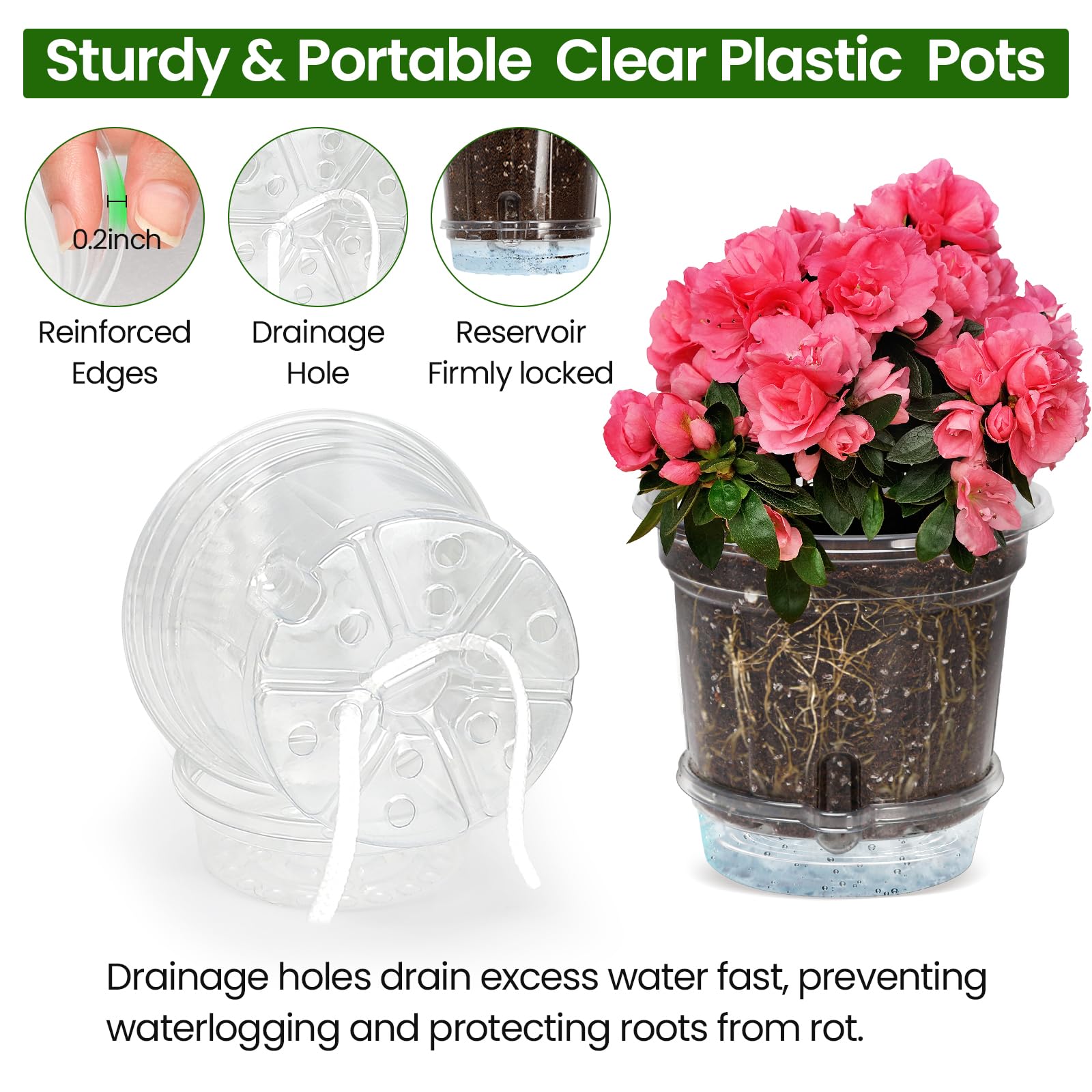 MIXC transparent base tray and wick system visualize soil moisture.