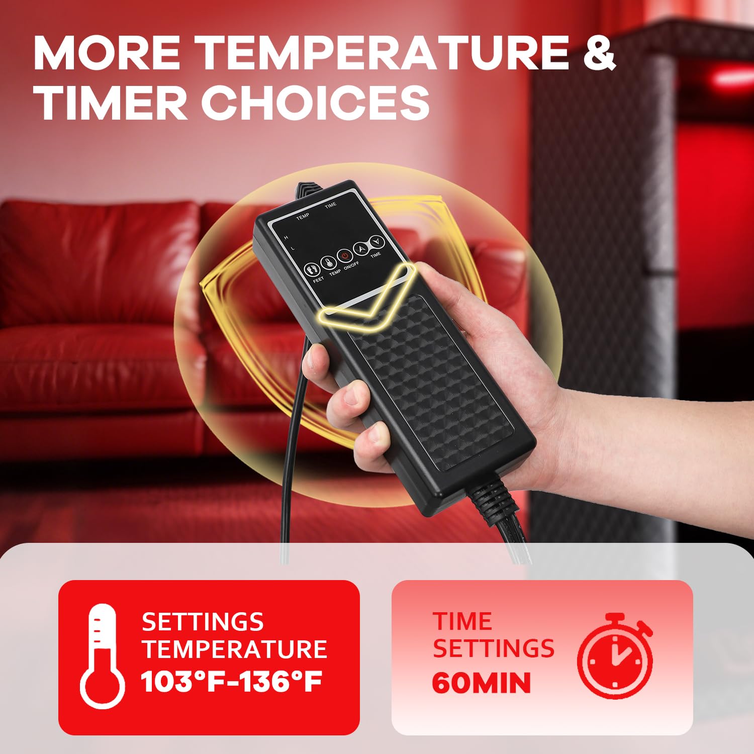 MIXC infrared sauna box control panel enables easy temperature and timer adjustments.