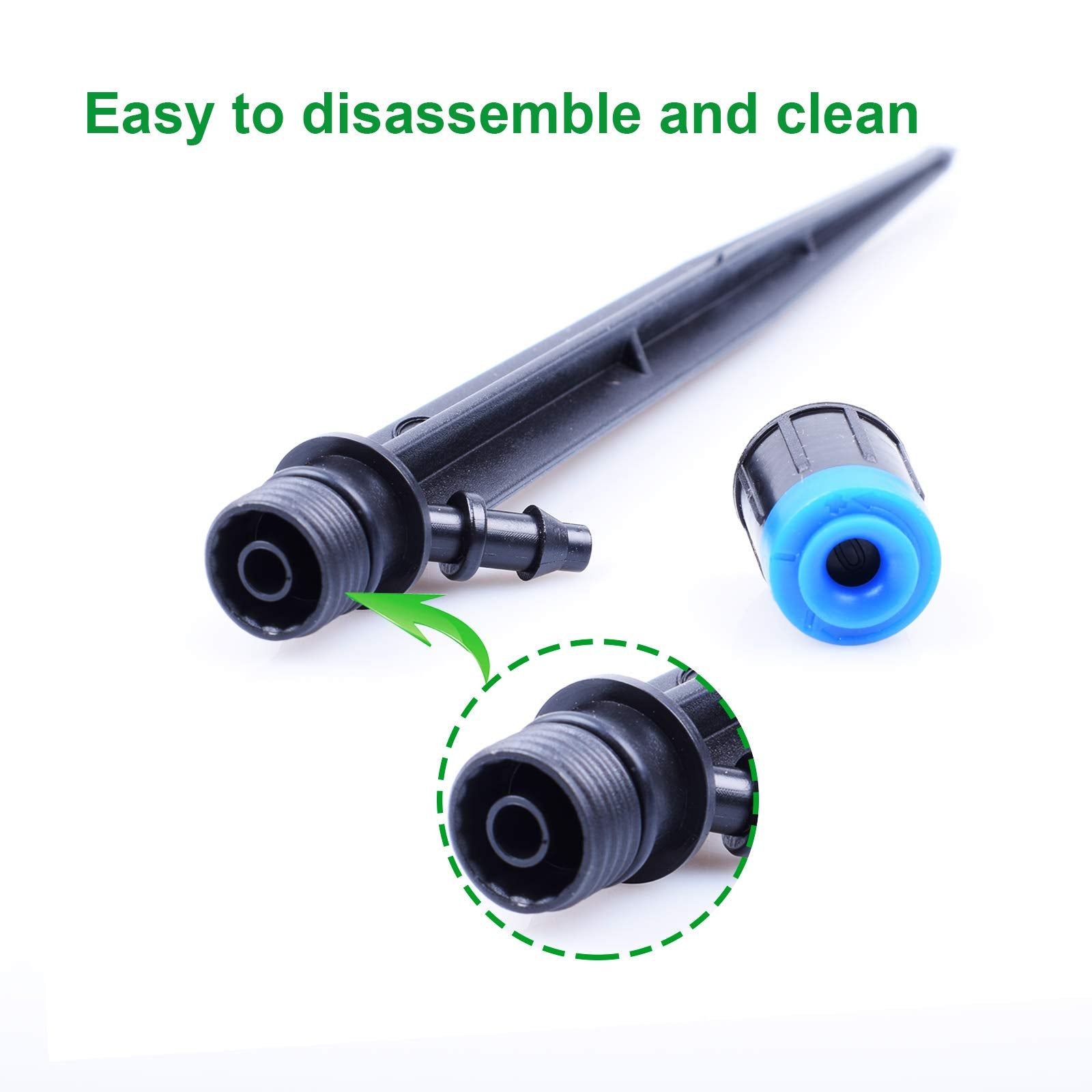 MIXC adjustable-flow emitter connected to quarter-inch tubing for flexible watering.