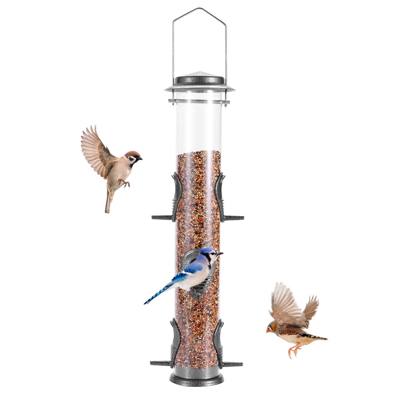 MIXXIDEA 1PK Metal Bird Feeder with six ports viewed outdoors for backyard birds