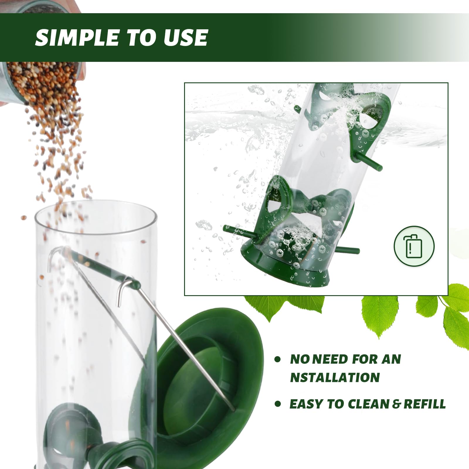 MIXXIDEA 6-port tube feeder holds seeds, reducing refill trips.