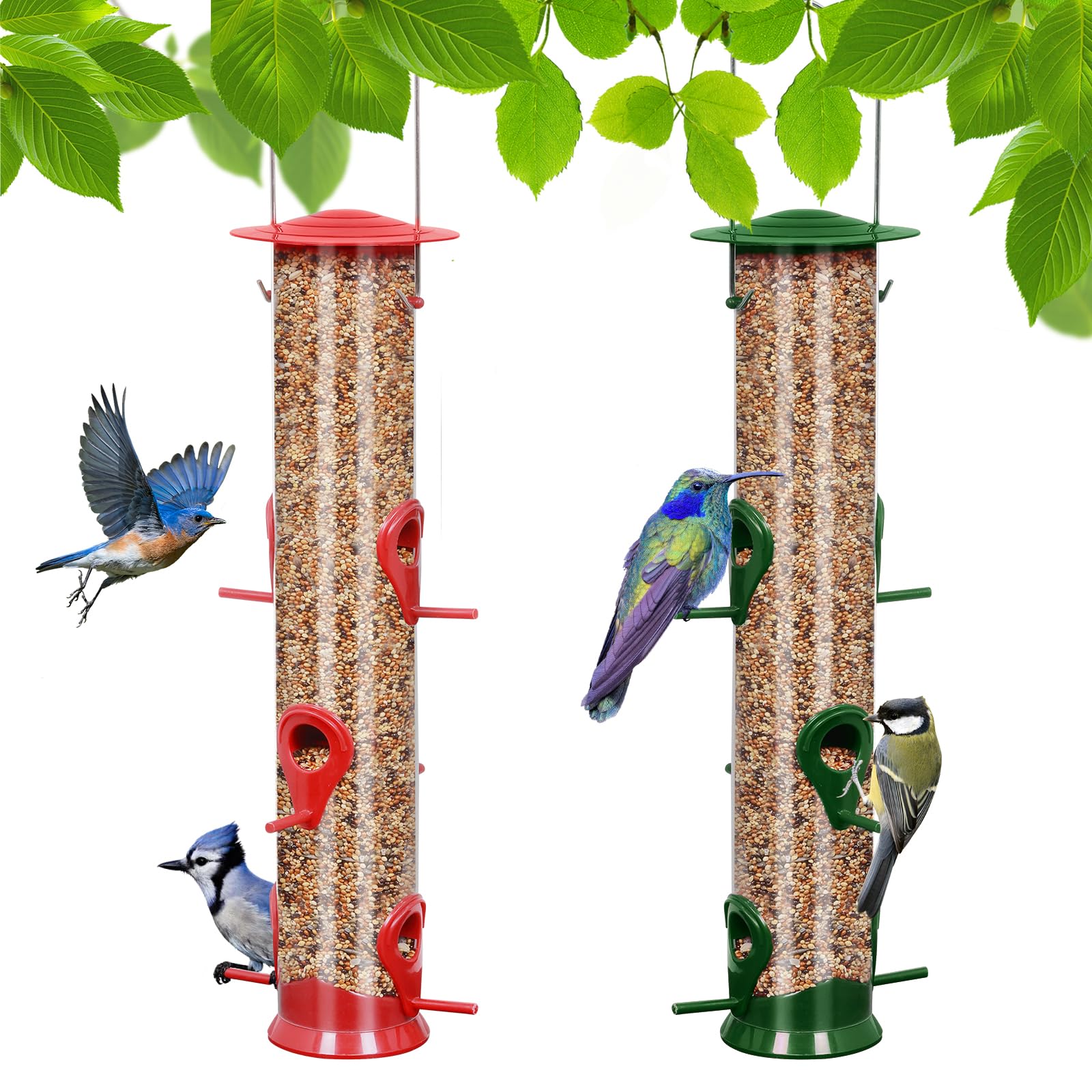 MIXXIDEA 6-port tube bird feeder in red and green attracts multiple birds