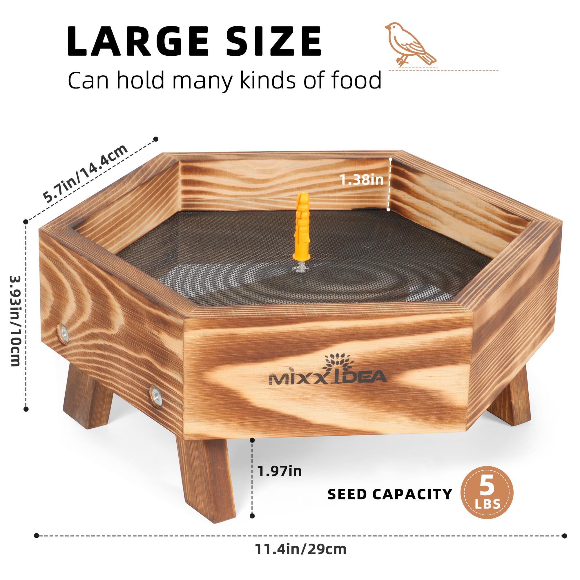 MIXXIDEA outdoor feeder on sturdy wooden legs keeps the tray balanced during visits.