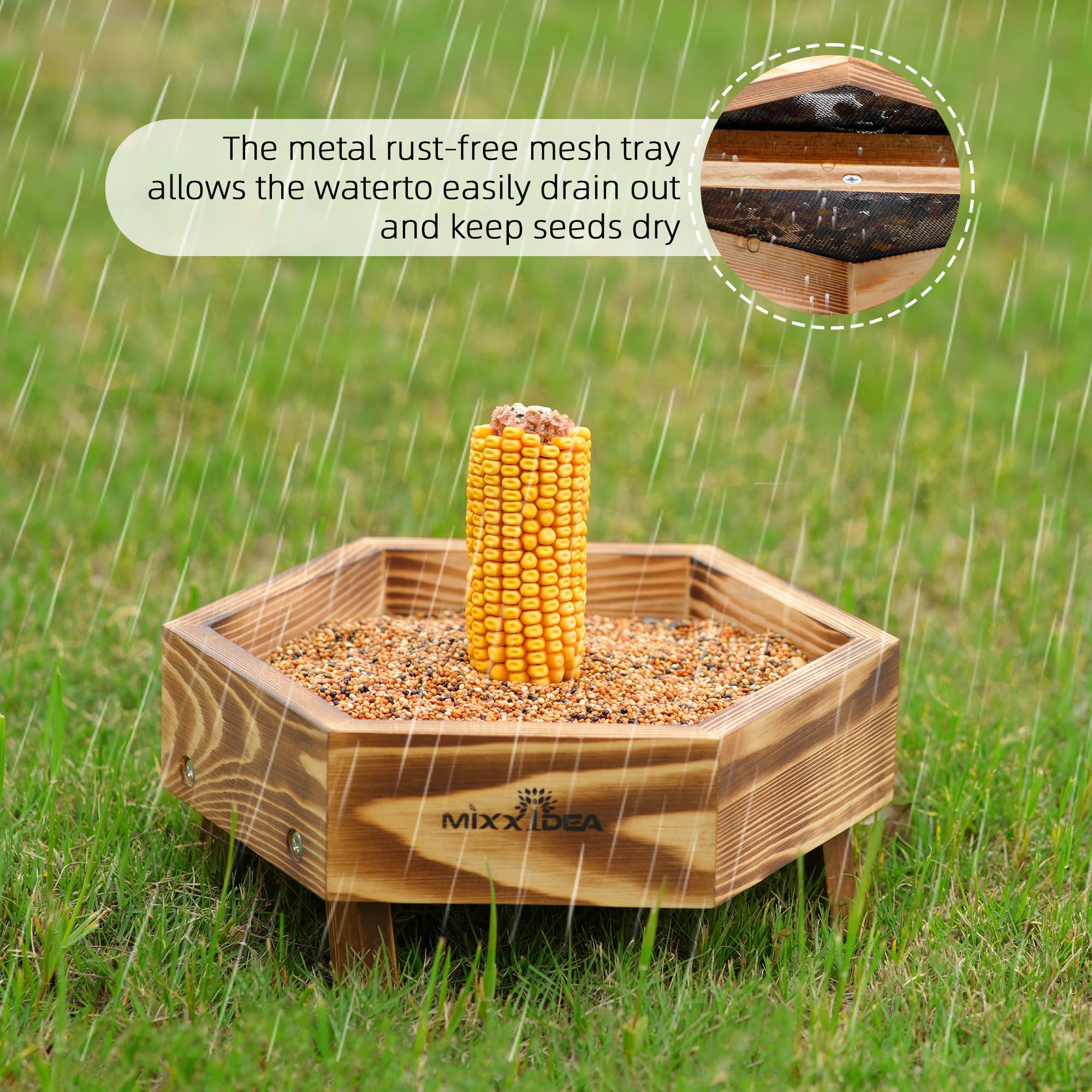 MIXXIDEA bird and squirrel feeder offers a large feeding area for multiple visitors.