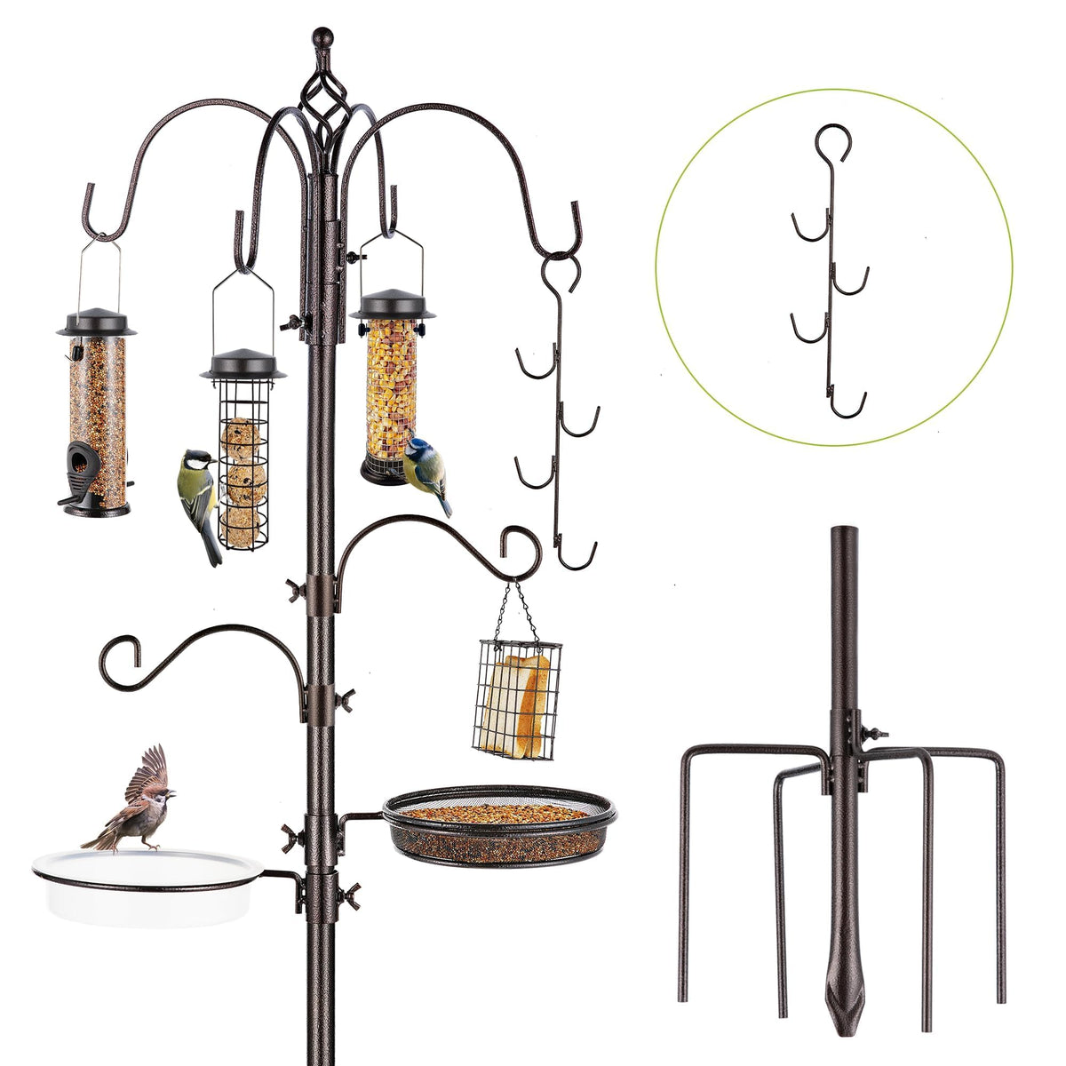 MIXXIDEA bird feeder station with six hooks in a lush garden for diverse feeding.