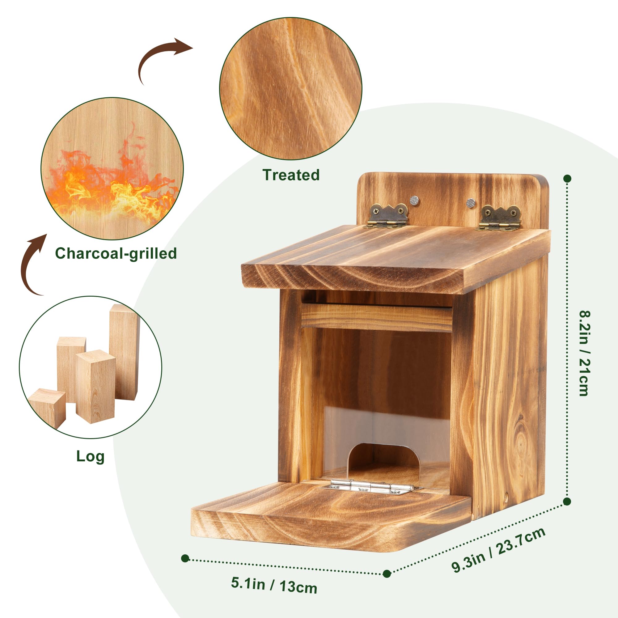 MIXXIDEA Deck Squirrel Feeder Box carbonized wood detail for weather resistance