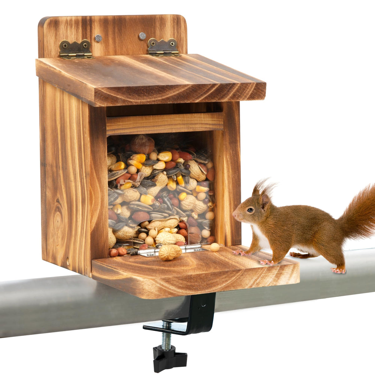 MIXXIDEA Deck Squirrel Feeder Box front view, durable outdoor-ready wood