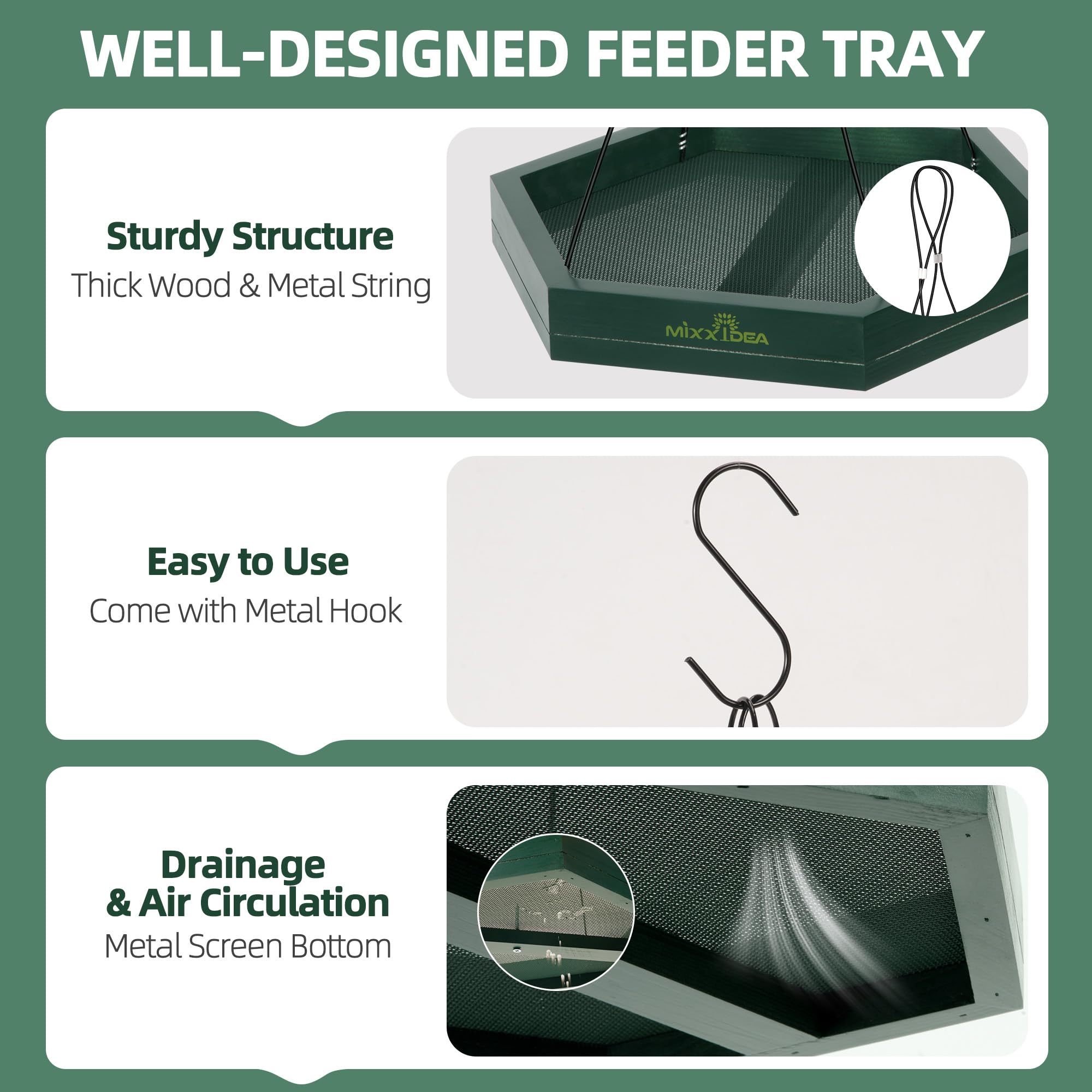 MIXXIDEA easy-clean refill bird tray simplifies maintenance and refilling.