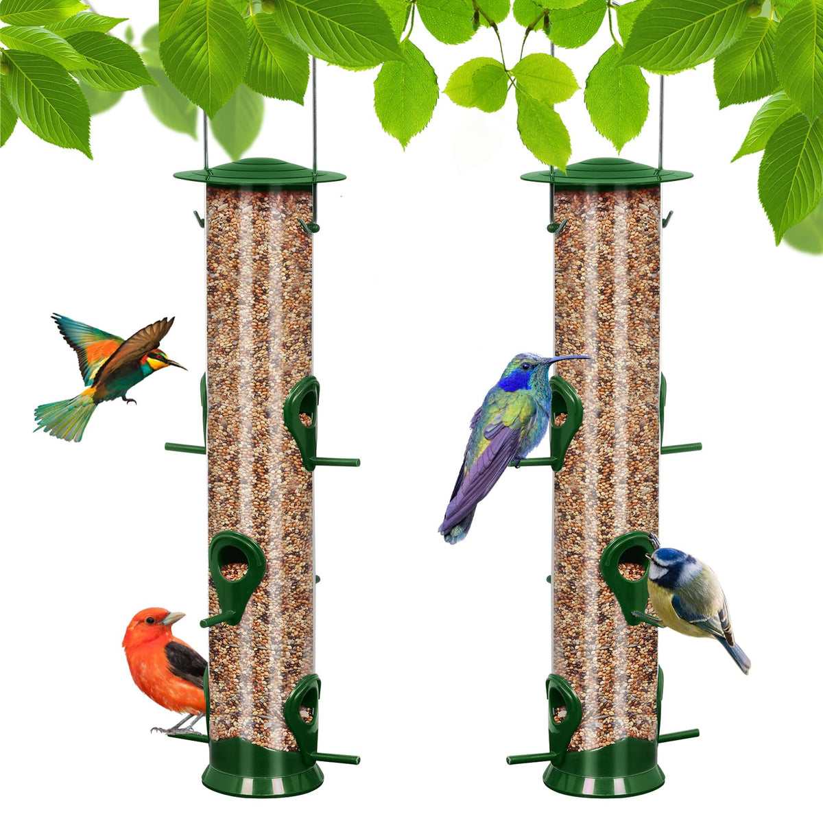 MIXXIDEA Green Bird Feeder Tube 6-Port: durable and weatherproof for multi-bird feeding.
