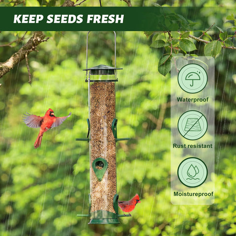 MIXXIDEA green-tube feeder with transparent shell for easy seed checks.