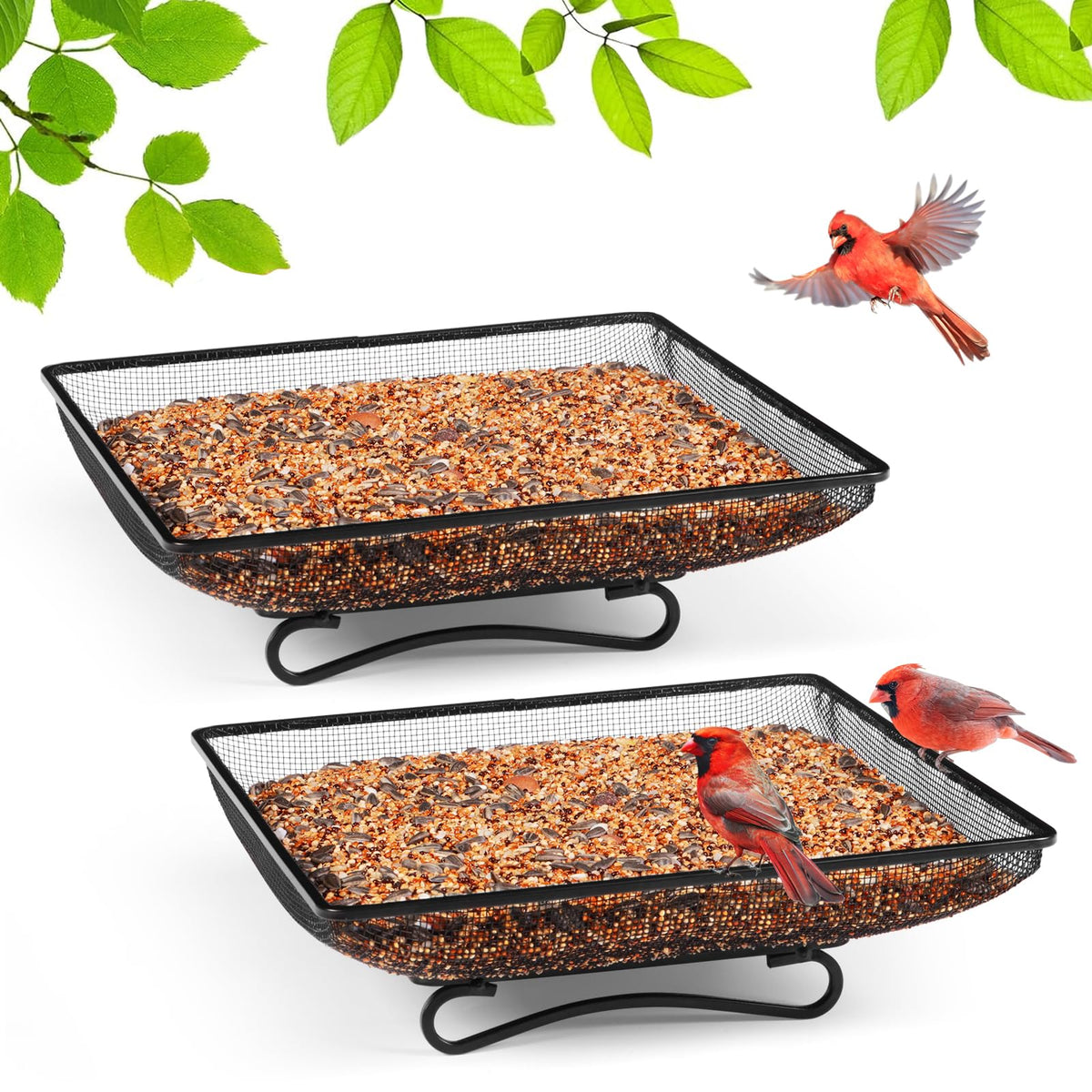 MIXXIDEA ground bird feeder tray front view showcases durable 11x11 mesh platform for seed feeding