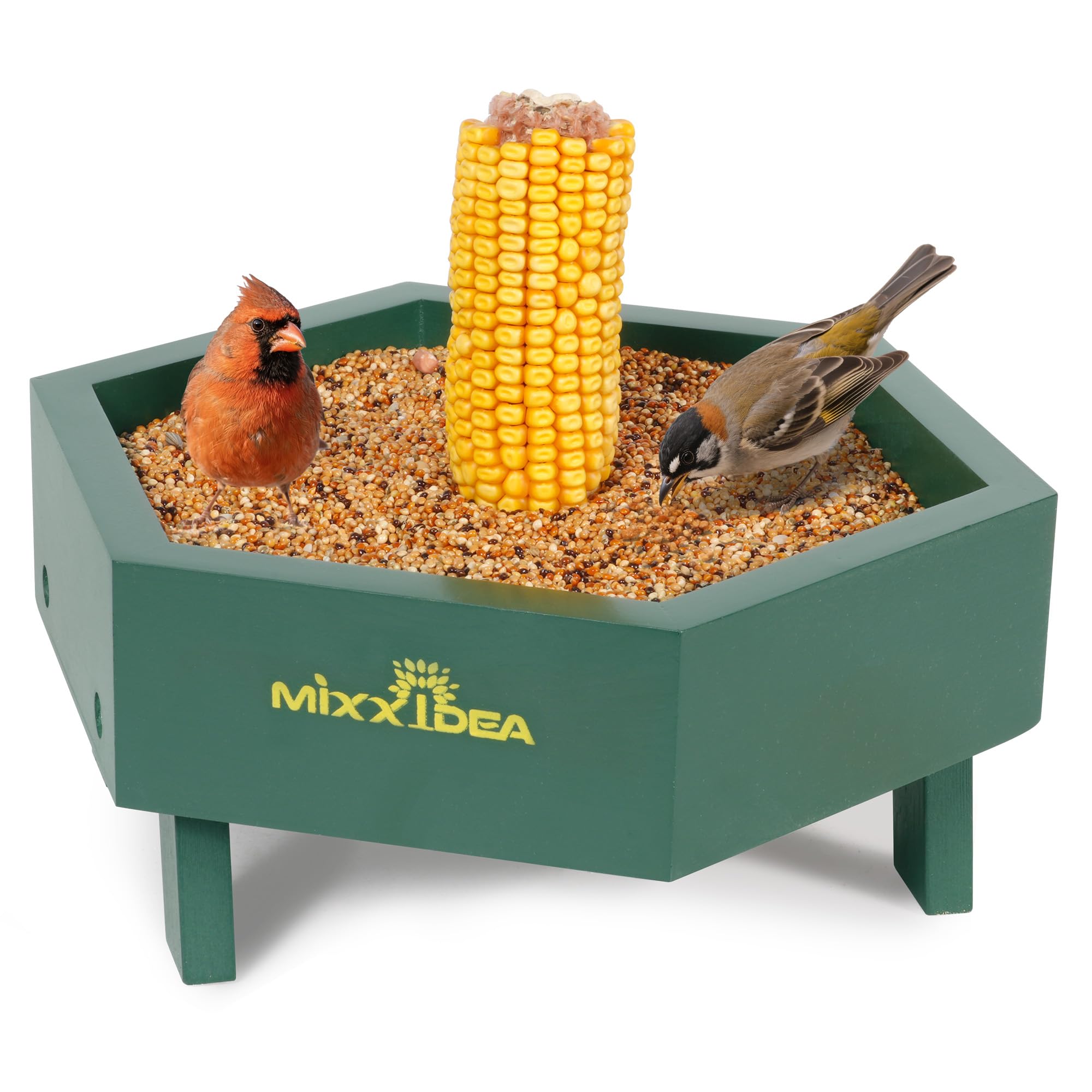 MIXXIDEA ground bird feeder wooden mesh seed tray attracts wild birds.