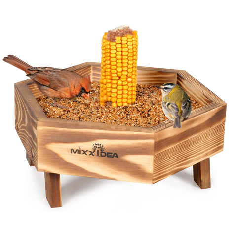 MIXXIDEA ground bird feeder with wooden mesh seed tray for dry, accessible feeding.