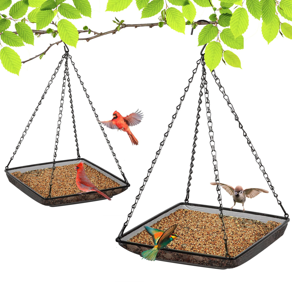 MIXXIDEA hanging bird feeder tray 11x11 mesh offers easy outdoor feeding for diverse birds.