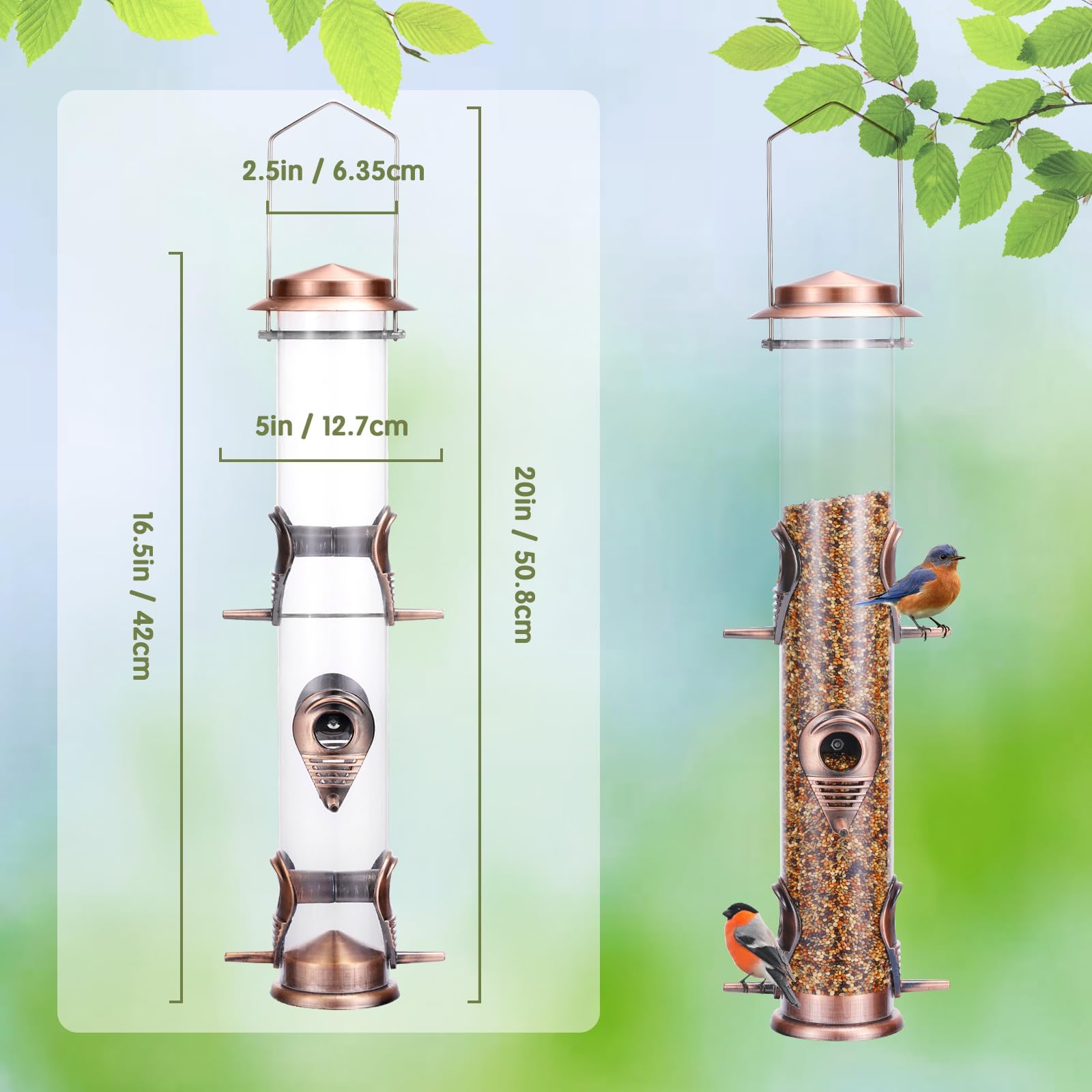 MIXXIDEA 6-port tube feeder shows clear shell for quick refilling and monitoring.