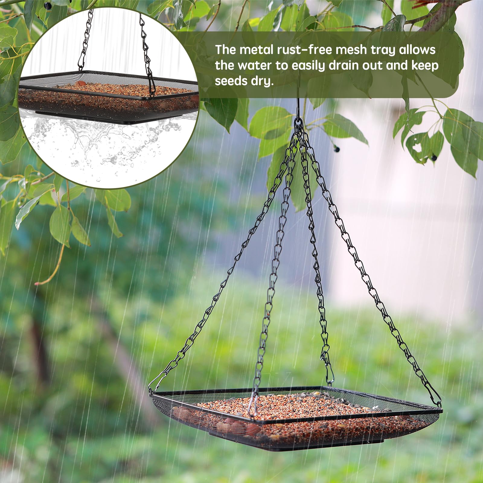 MIXXIDEA durable hanging tray design keeps seeds dry and accessible for birds.