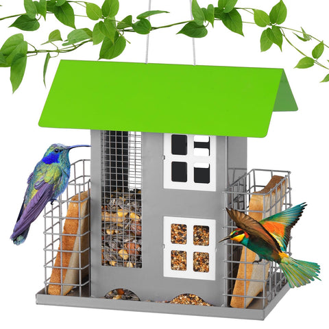 MIXXIDEA metal bird feeder outdoors green attracts diverse birds with multiple food options