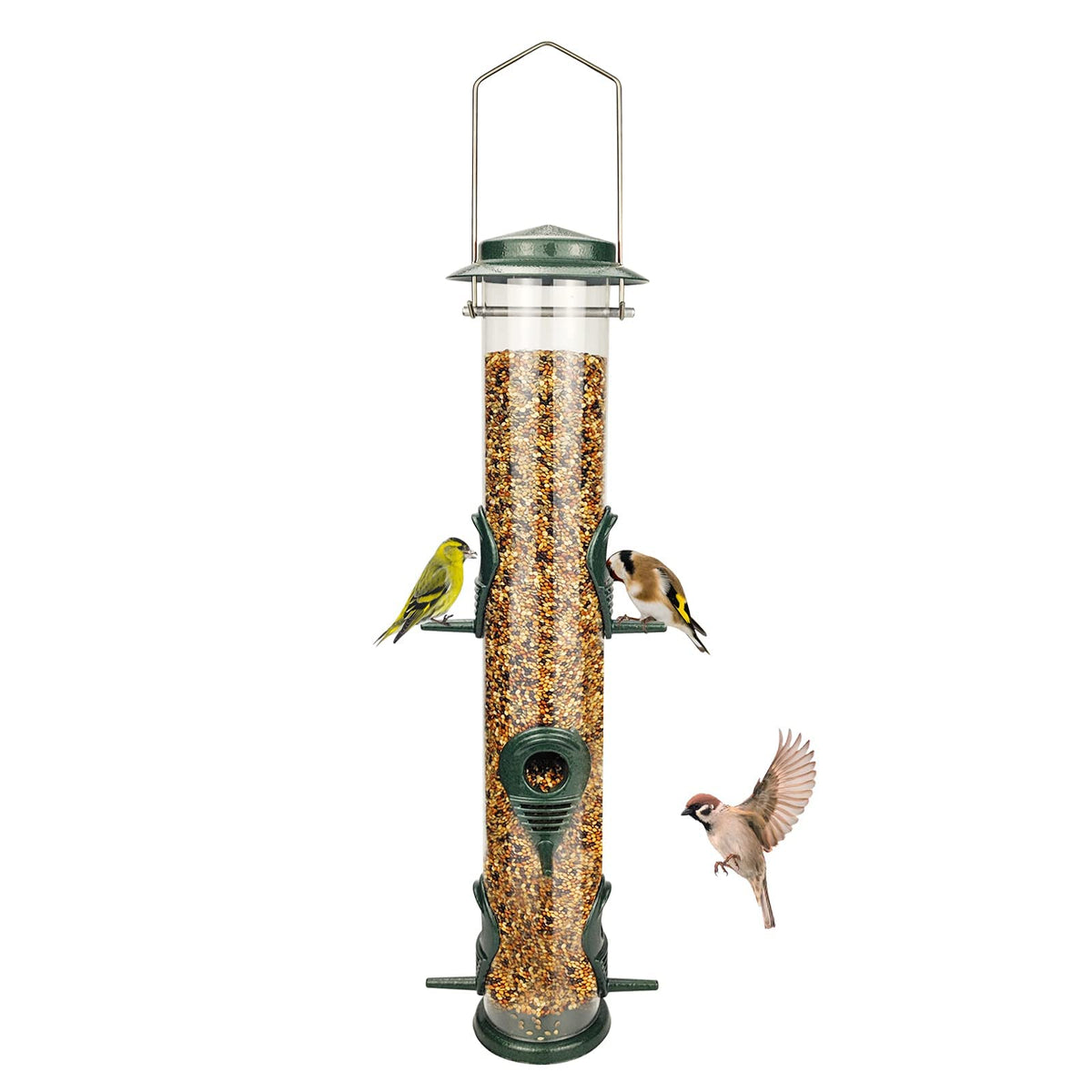 MIXXIDEA metal bird feeder tube hanging with six ports inviting multiple birds to feed