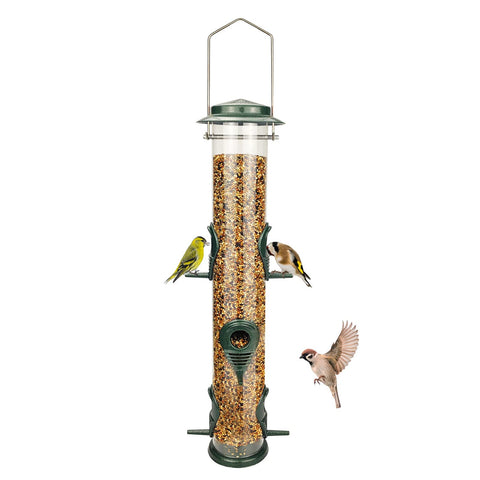 MIXXIDEA metal bird feeder tube hanging with six ports inviting multiple birds to feed