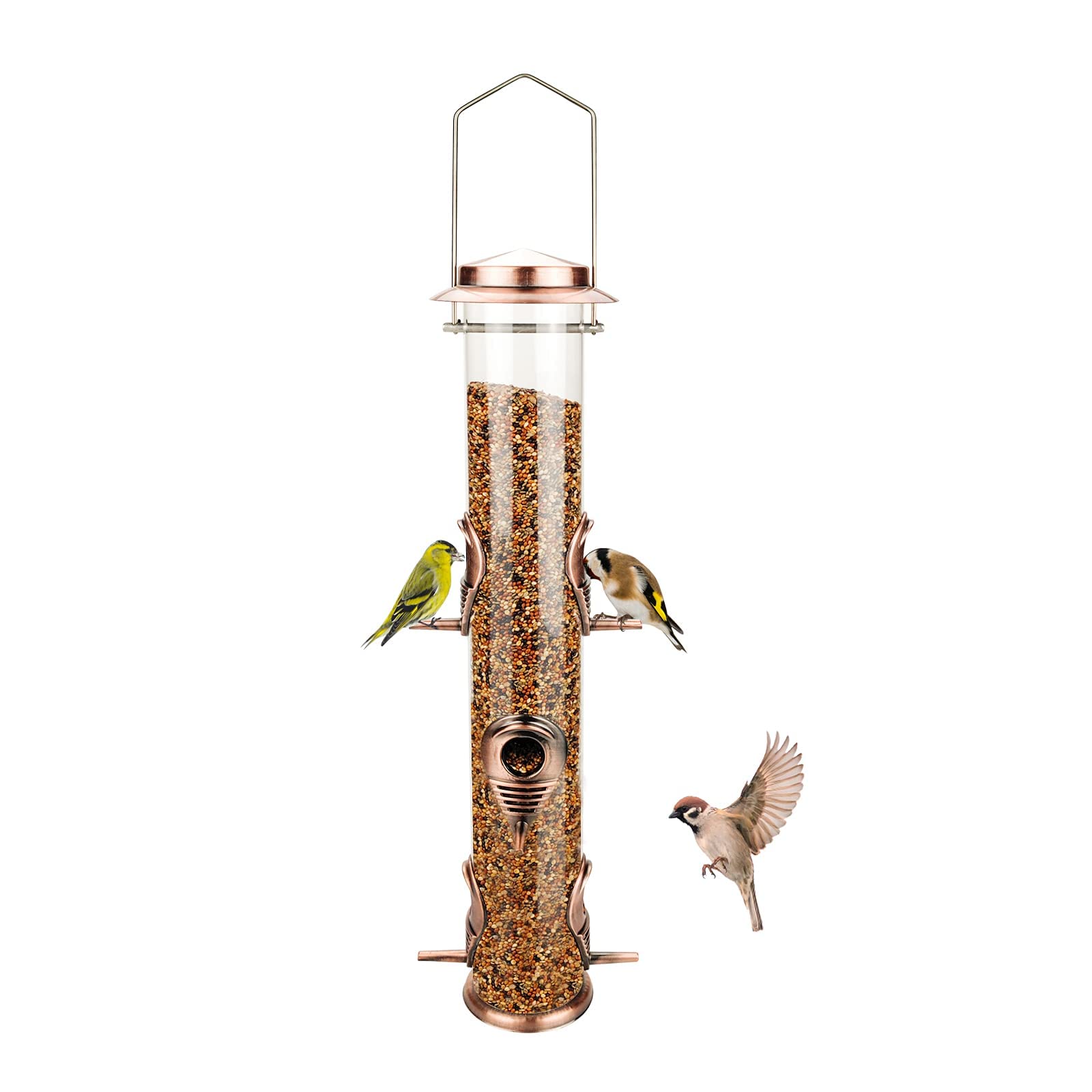 MIXXIDEA metal wild bird feeder with 6 ports for simultaneous feeding in the yard.