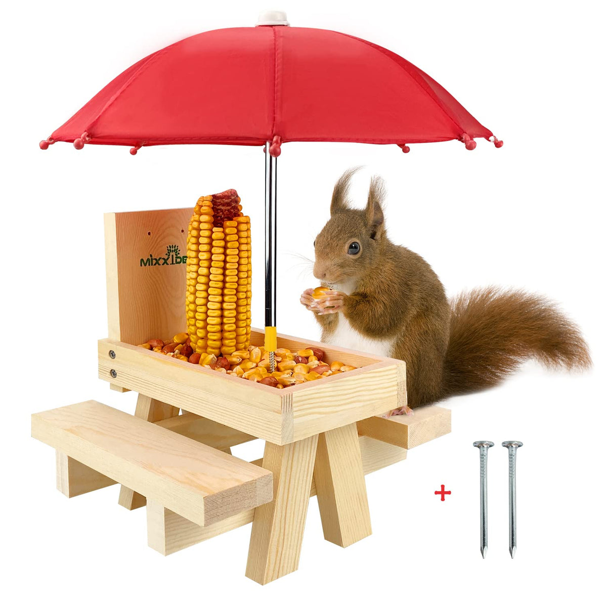 MIXXIDEA Squirrel Feeder Table with Umbrella keeps feed dry and visible.