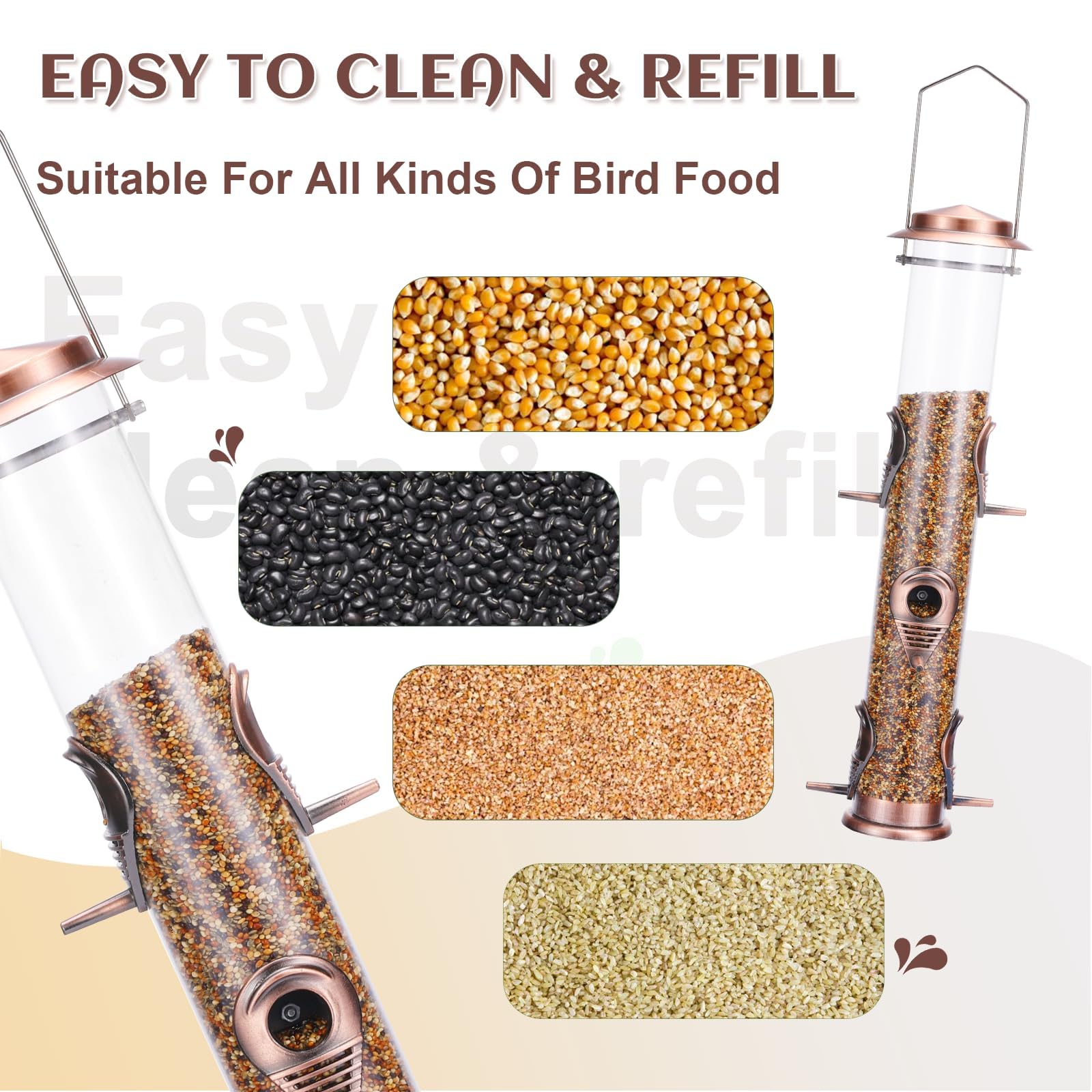 Close view of MIXXIDEA antique copper tube feeder