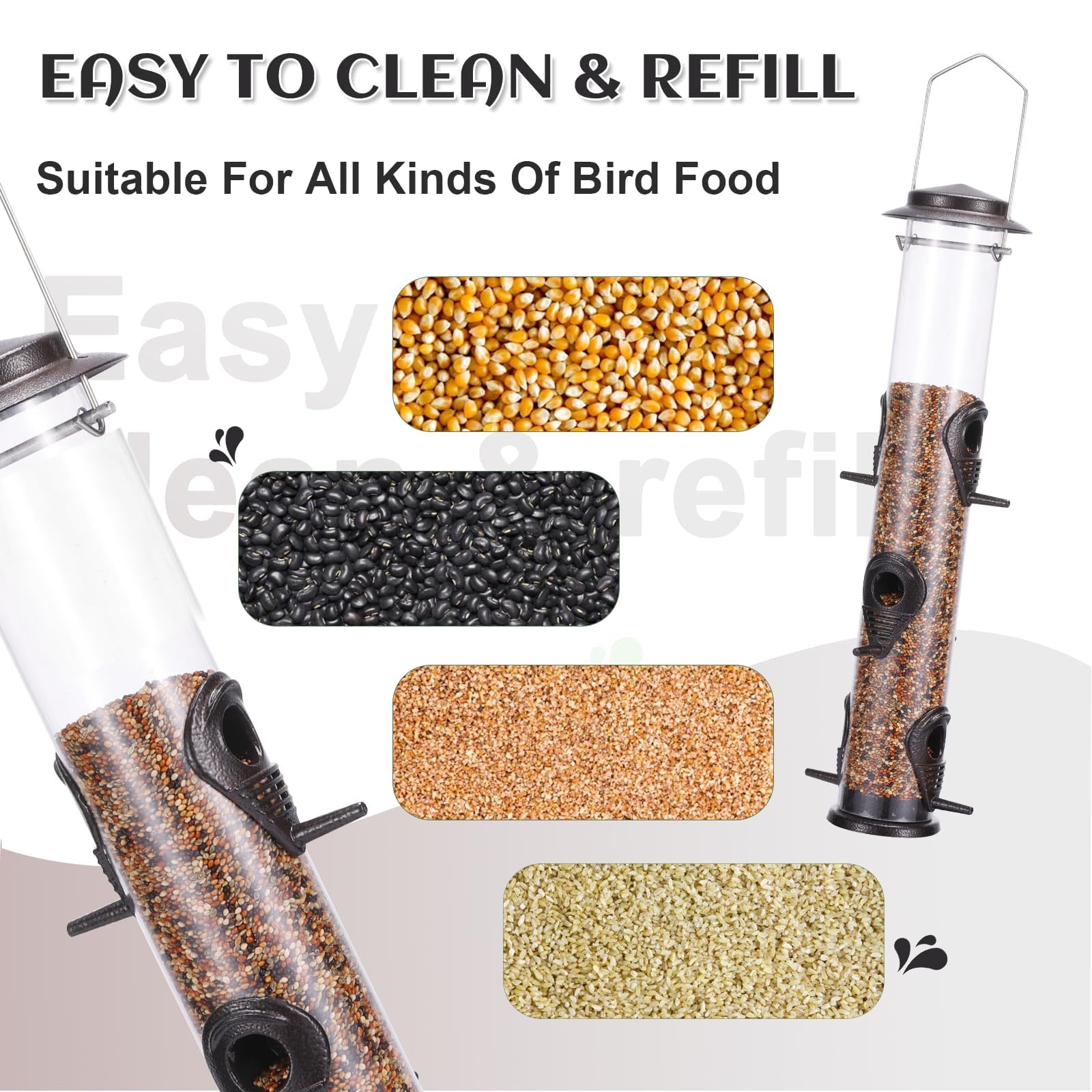 MIXXIDEA tube bird feeder with steel hanger for durable outdoor use.