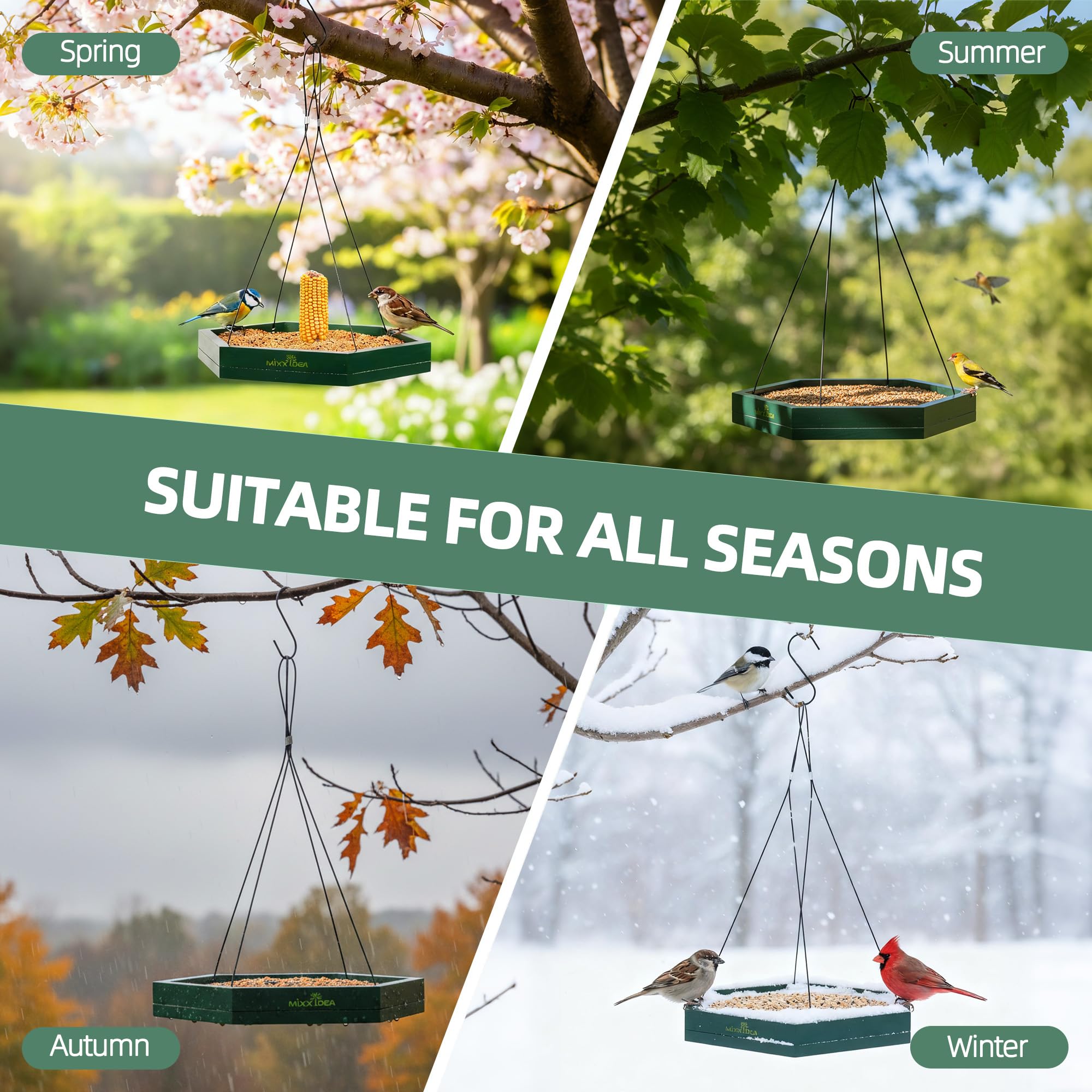 MIXXIDEA wide-feeding-area tray accommodates multiple birds at once.