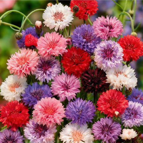 Mixrug cornflower blooms close-up showing blue, purple, pink, and white varieties