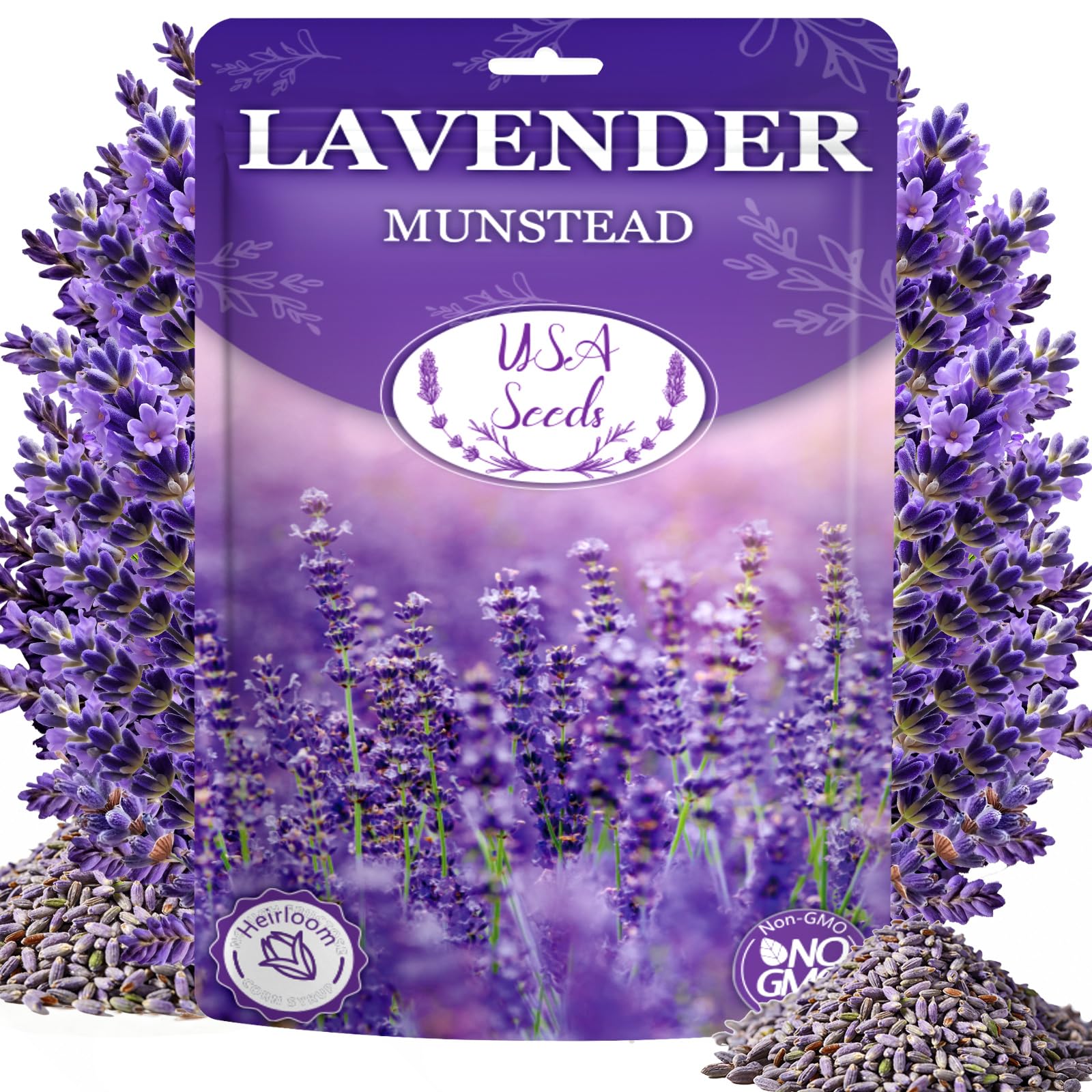 Mixrug Dwarf Lavender Seeds packaging highlighting non-GMO heirloom seeds for home gardening