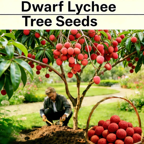 Mixrug Dwarf Lychee seedling transplant-ready outdoors for sunlit cultivation.